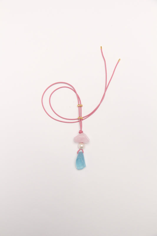 Pendant: morganite, pearl, aquamarine, leather