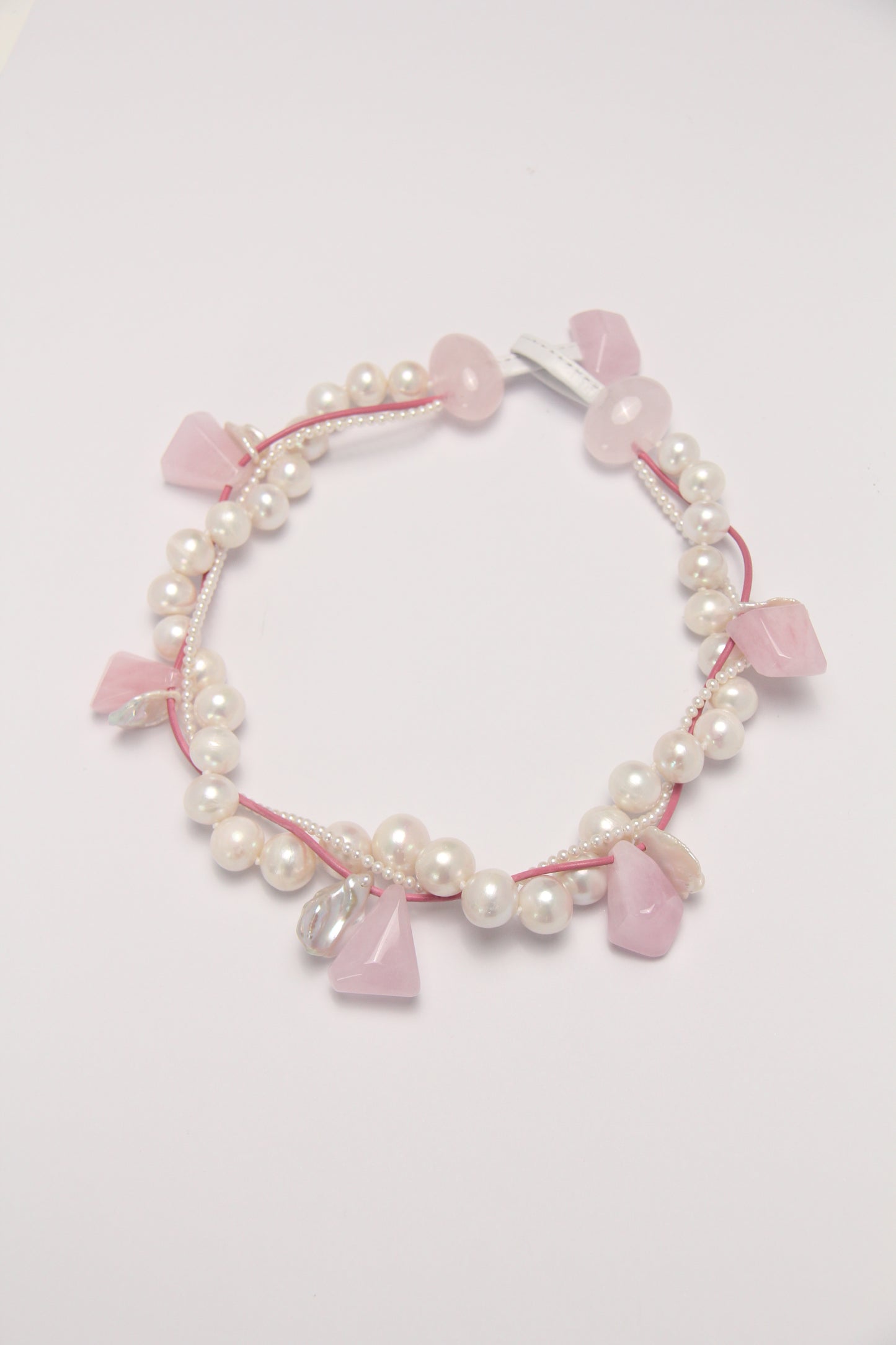 Necklace: morganite, rose quartz, pearls