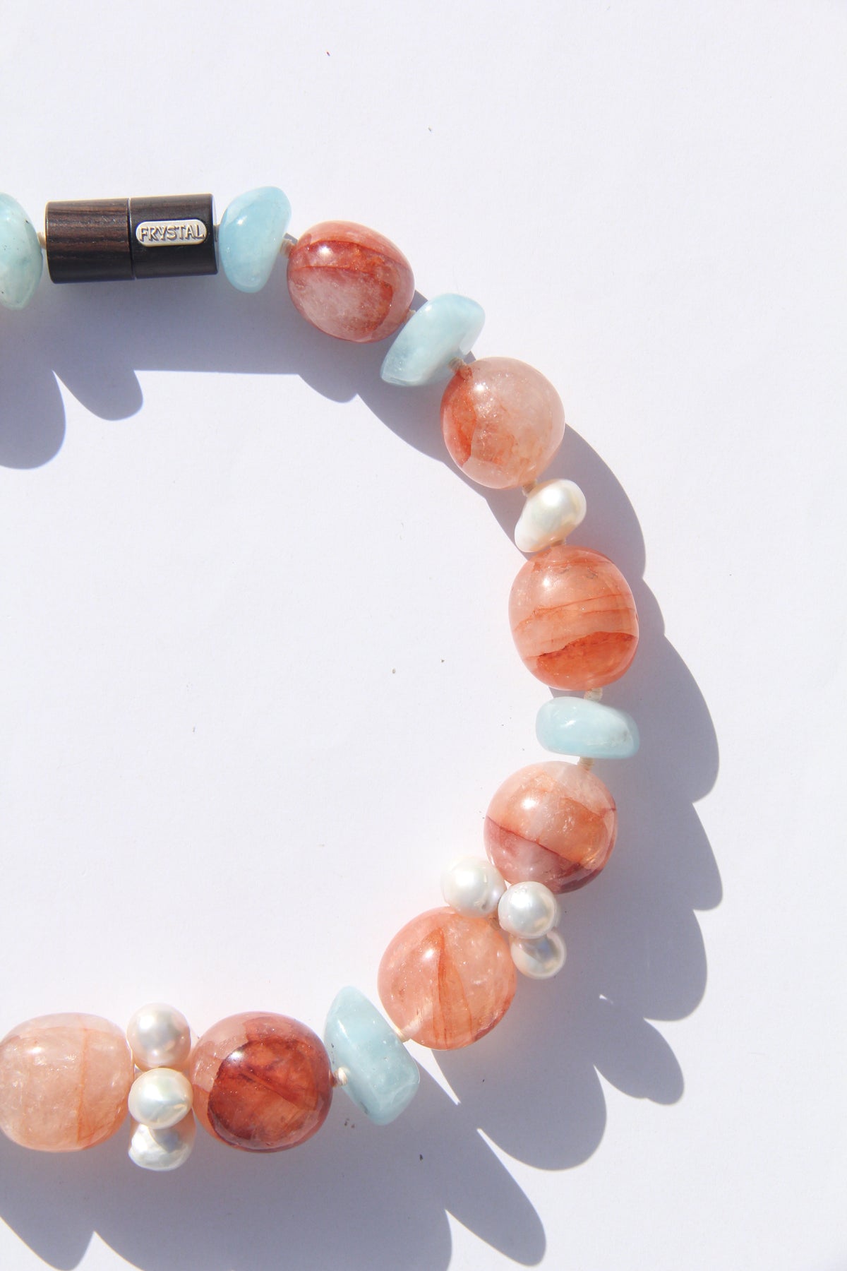 Necklace: morganite, quartz, pearls
