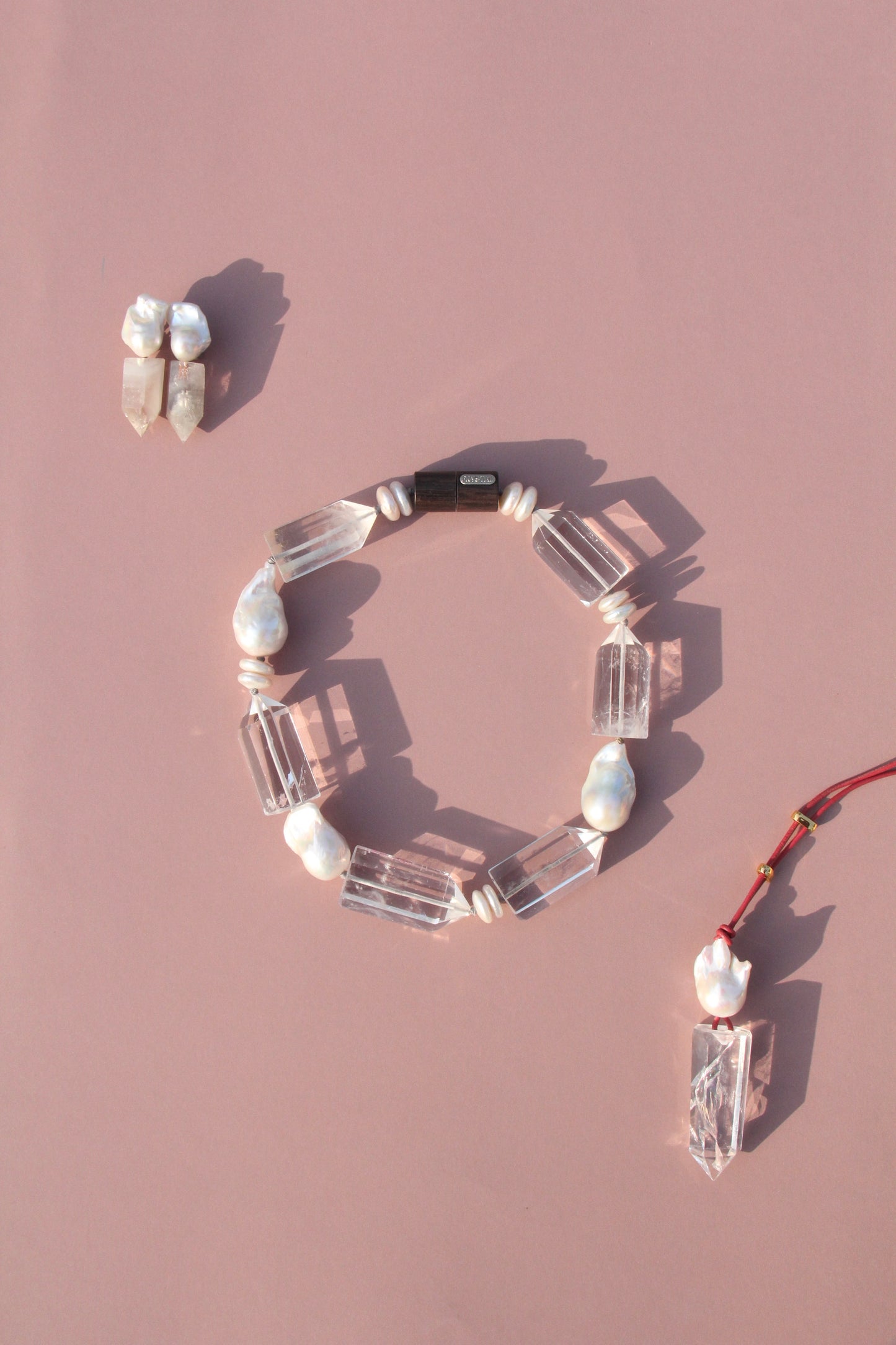 Necklace: pearls, quartz, ebony