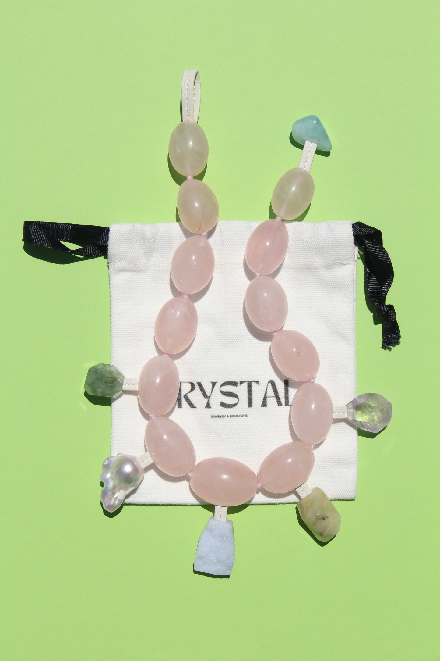 Charms: rose quartz, prehnite, pearl, blue lace agate, amethyst, morganite