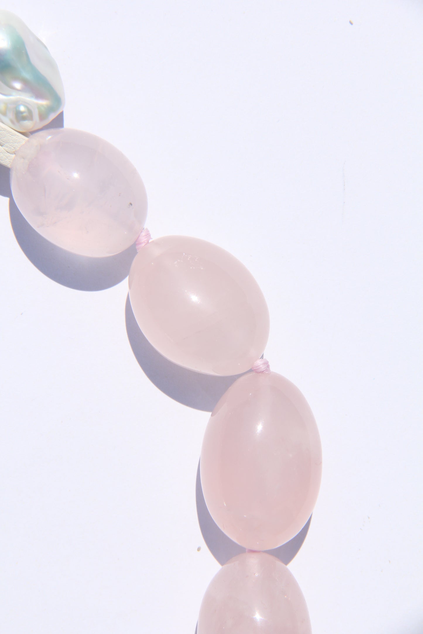 Necklace: rose quartz, pearls