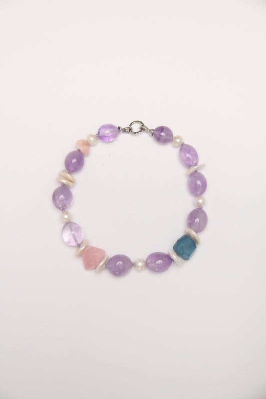 Necklace: amethyst, morganite, aquamarine, pearls