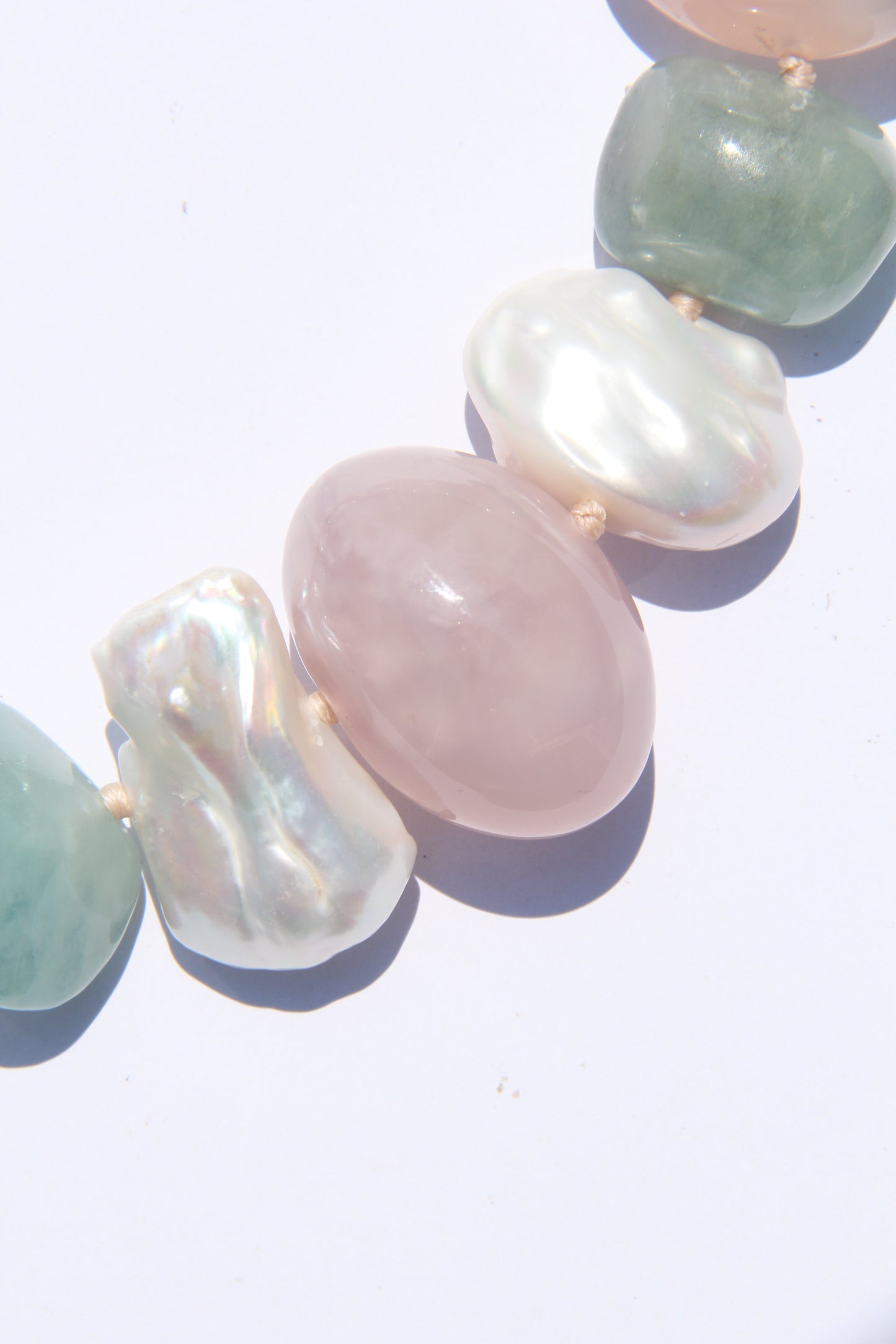 Necklace: morganite, rose agate, pearls