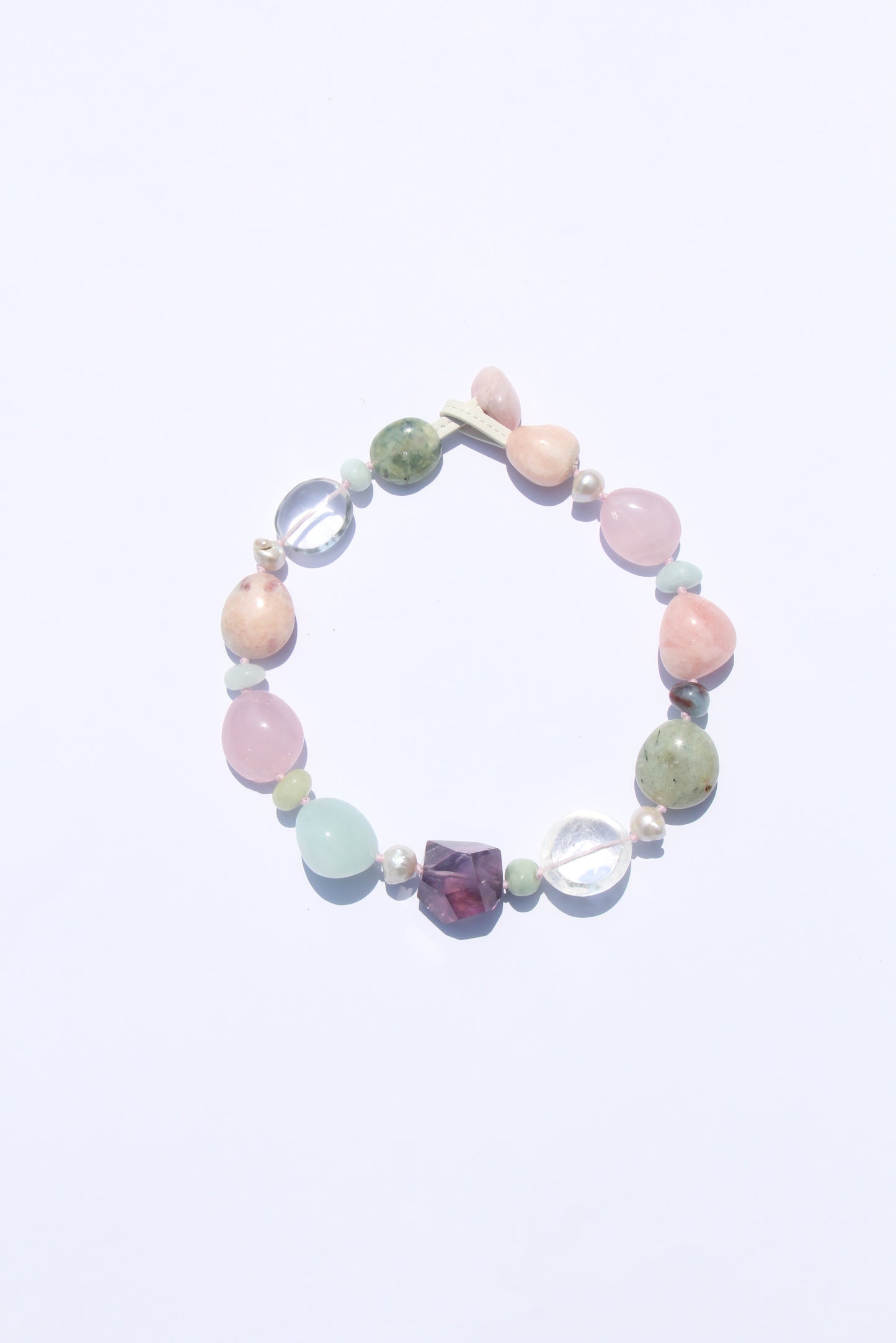 Necklace: amethyst, aquamarine, prehnite, morganite, rose quartz, pearls