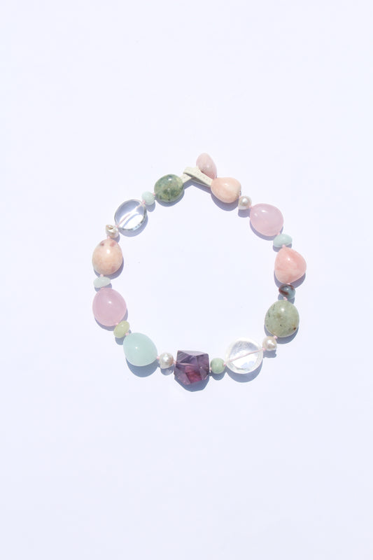 Necklace: amethyst, aquamarine, prehnite, morganite, rose quartz, pearls