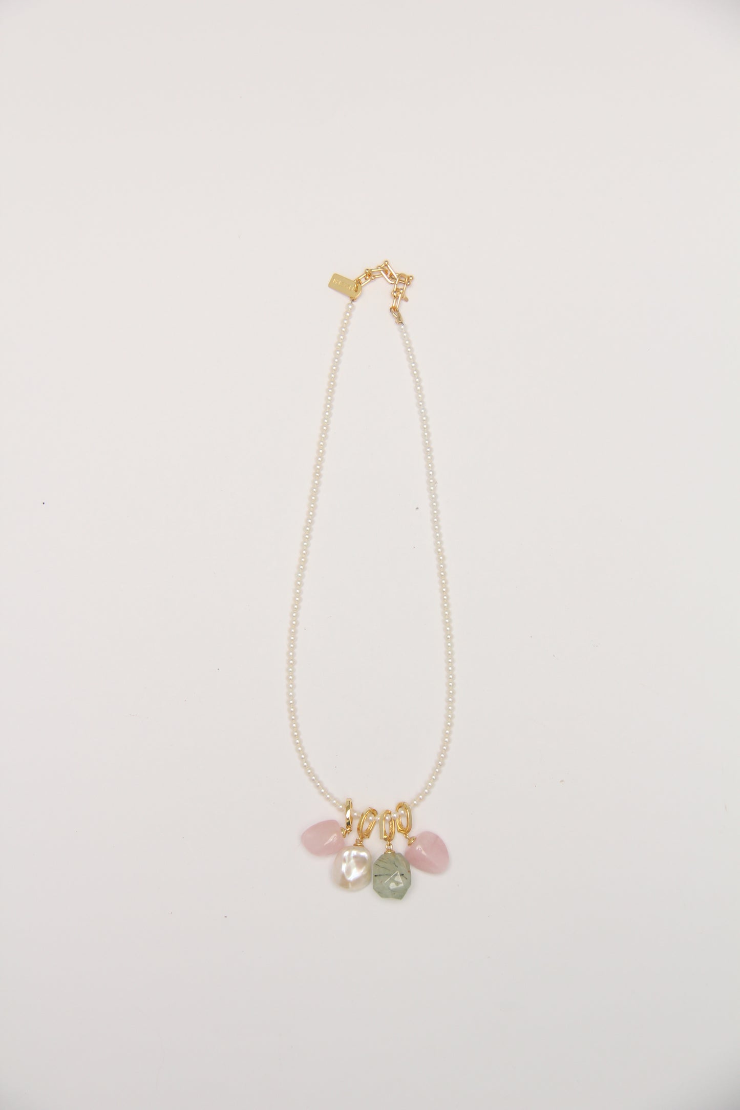 Charms: morganite, pearls, prehnite