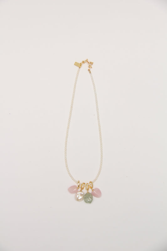 Charms: morganite, pearls, prehnite