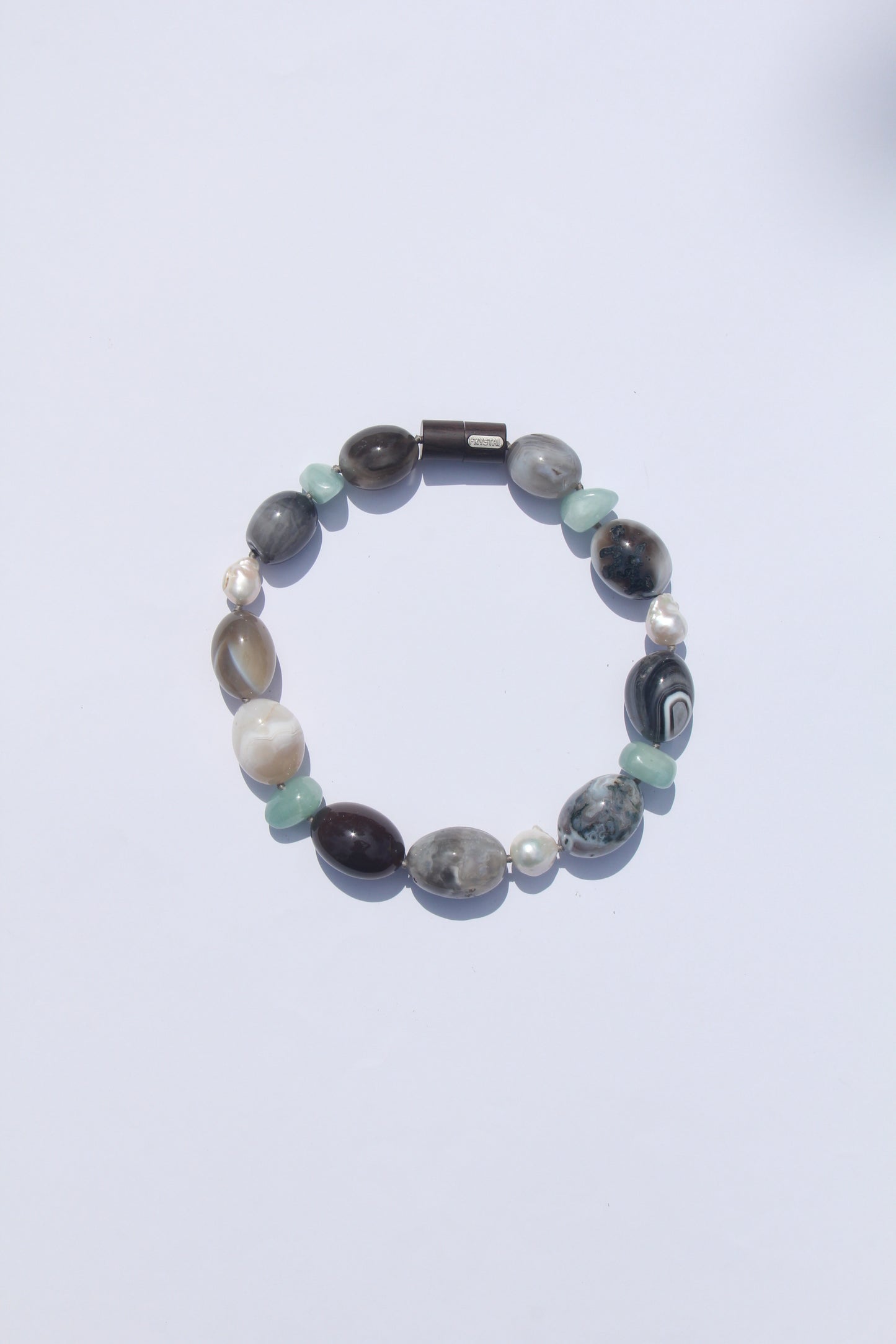 Necklace: persian agate, morganite, pearls