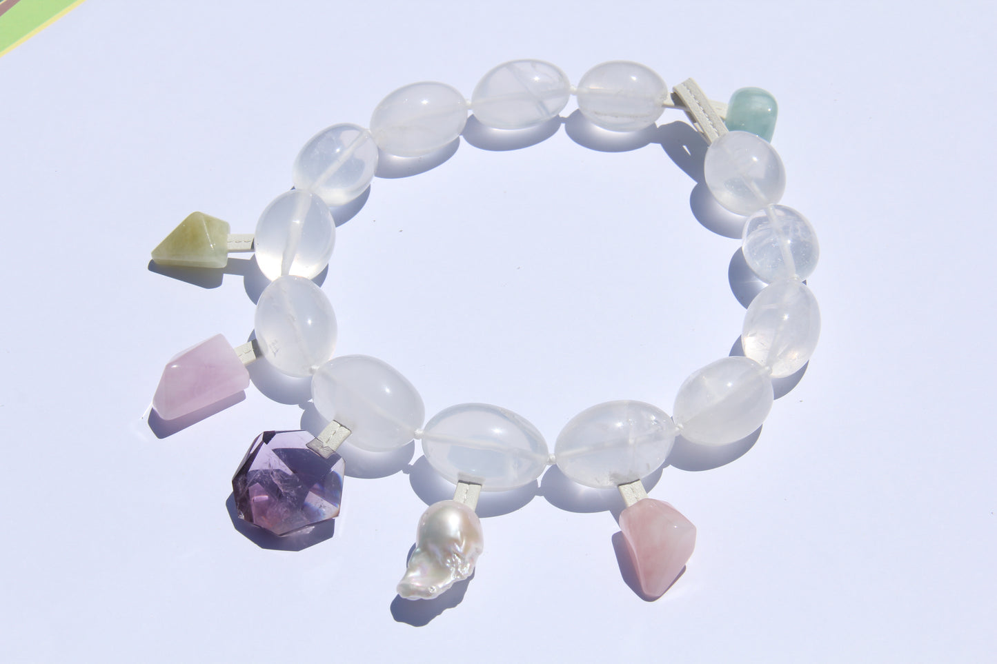 Charms: quartz, morganite, amethyst, pearl