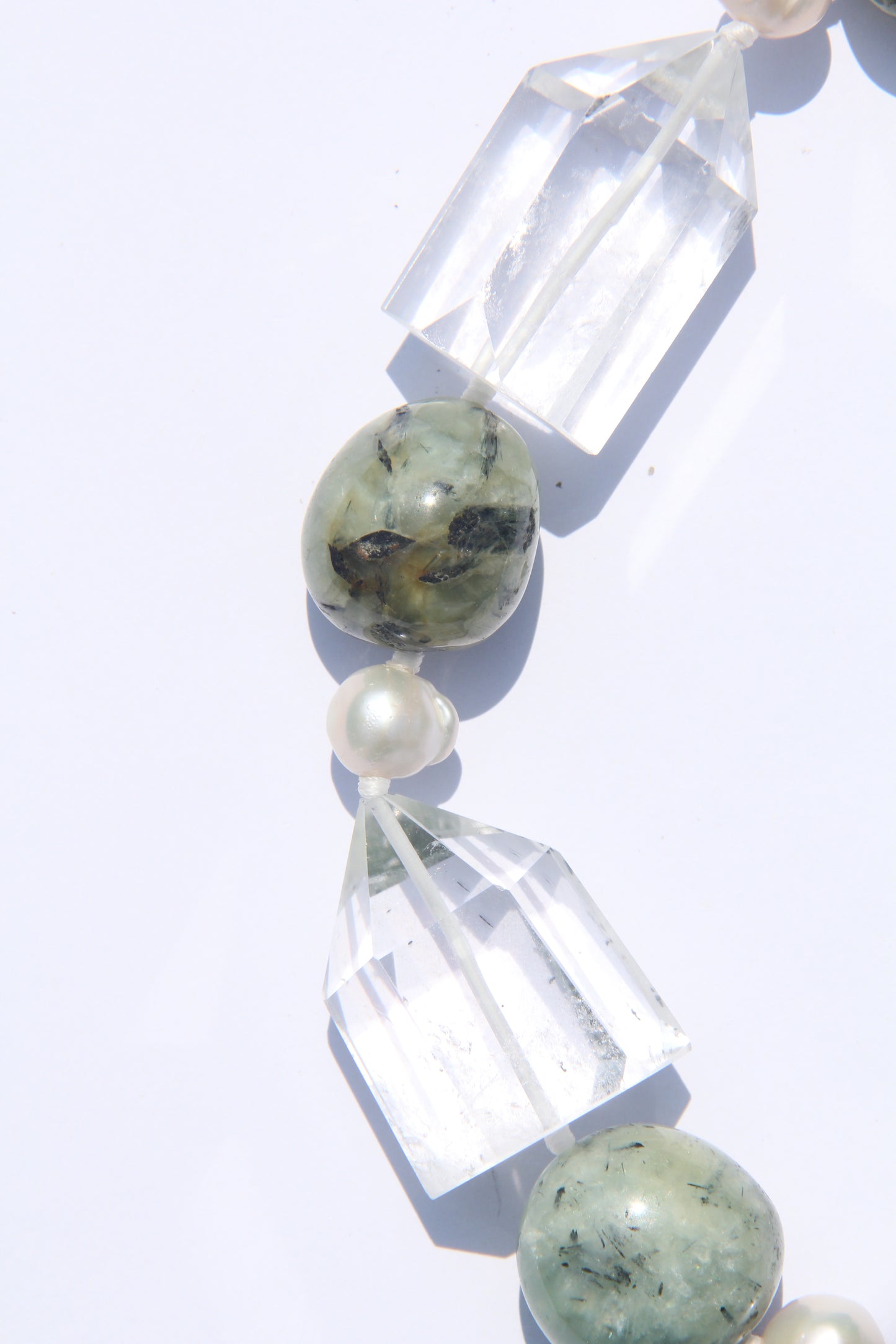 Necklace: quartz, pearl, prehnite