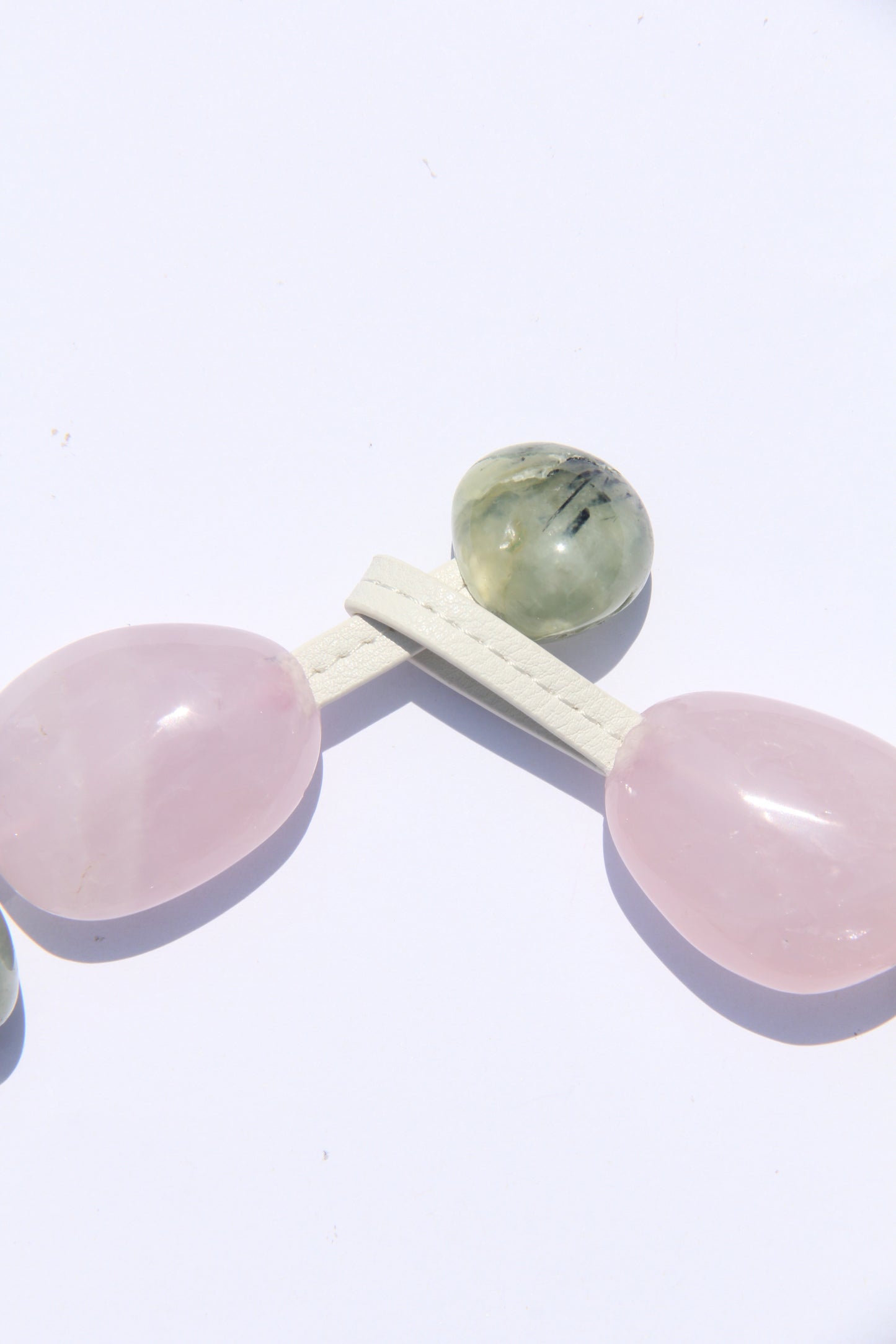 Necklace: rose quartz, pearls, prehnite