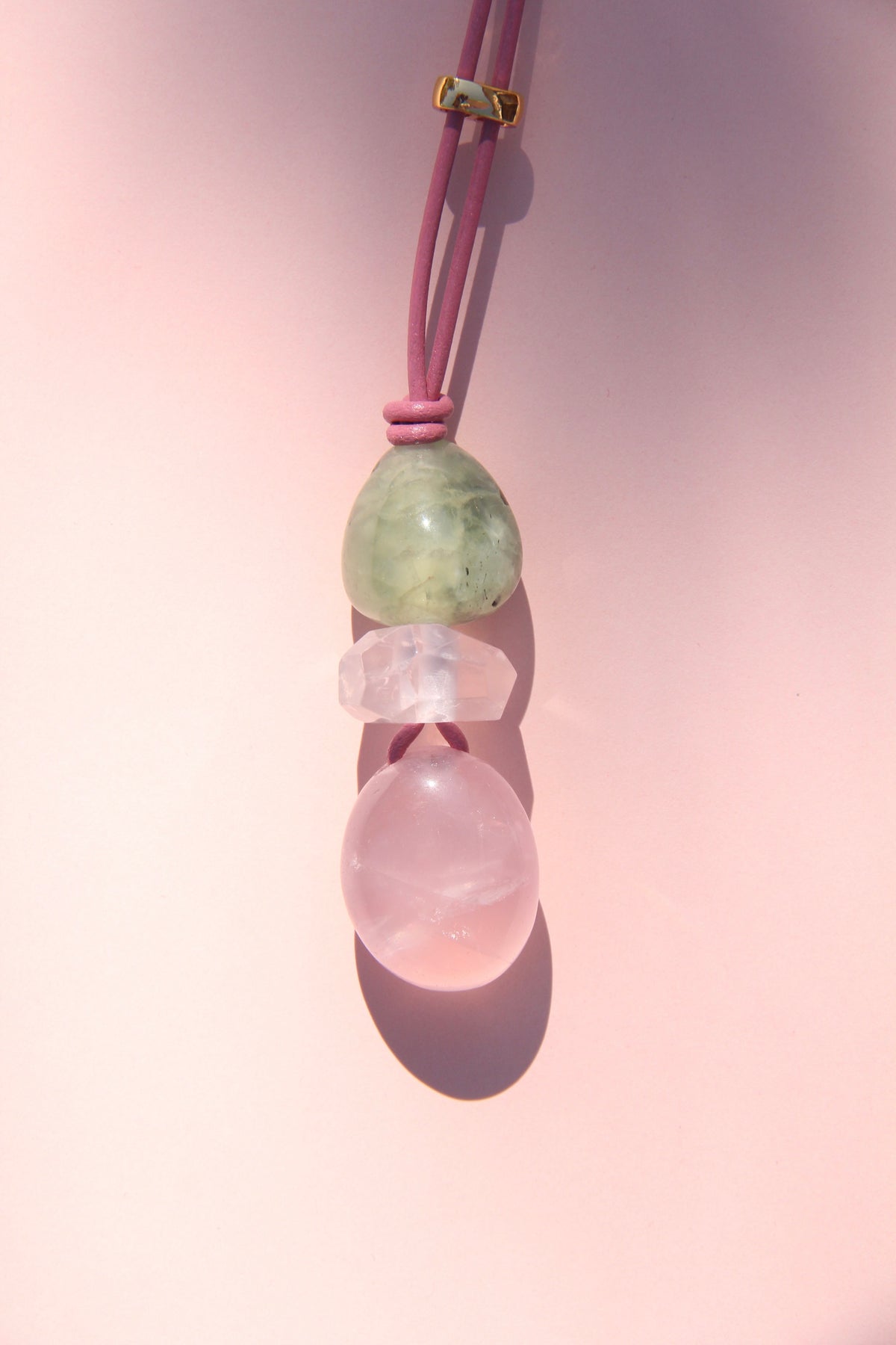 Necklace: prehnite, rose quartz