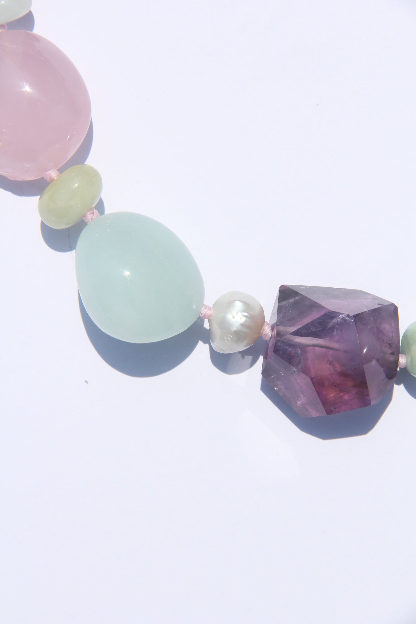 Necklace: amethyst, aquamarine, prehnite, morganite, rose quartz, pearls