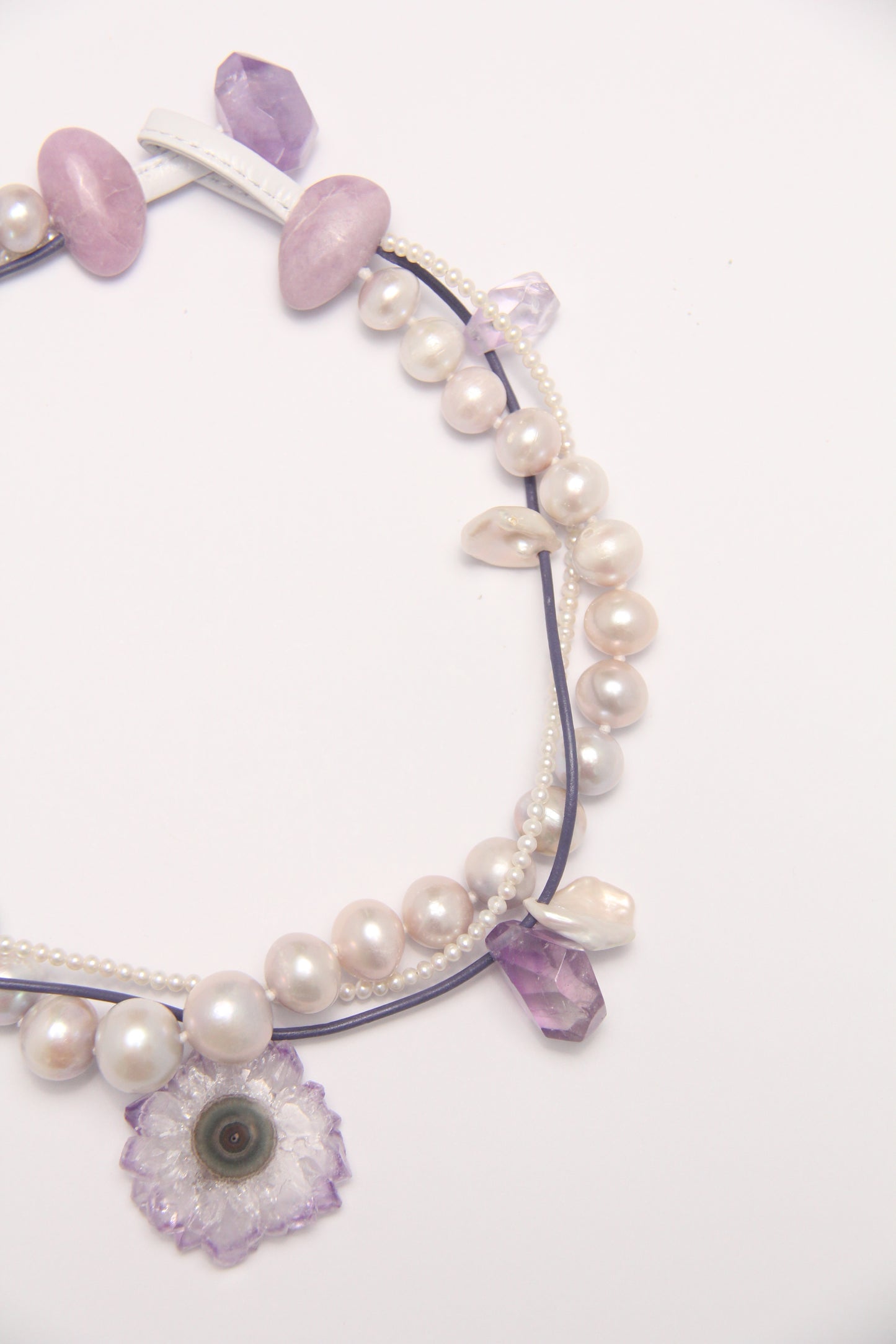 Necklace:  amethyst stalactite flower flat slice, amethyst, pearls