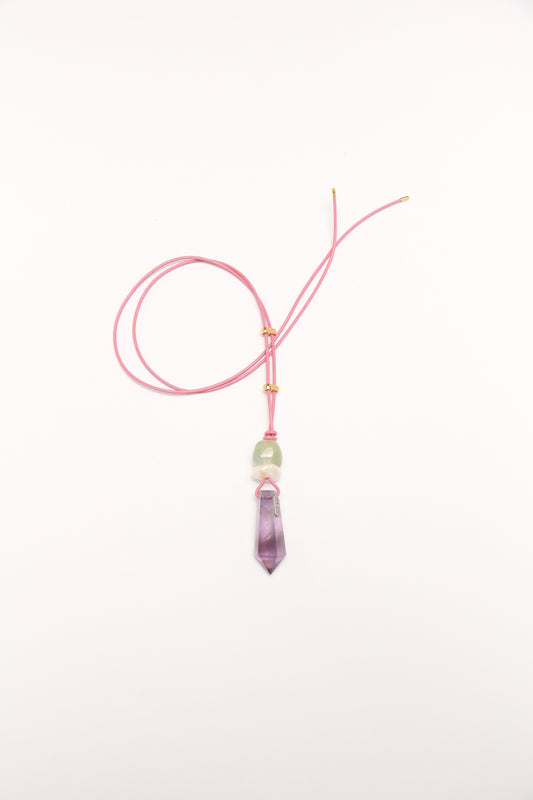 Pendant: morganite, pearl, amethyst, leather