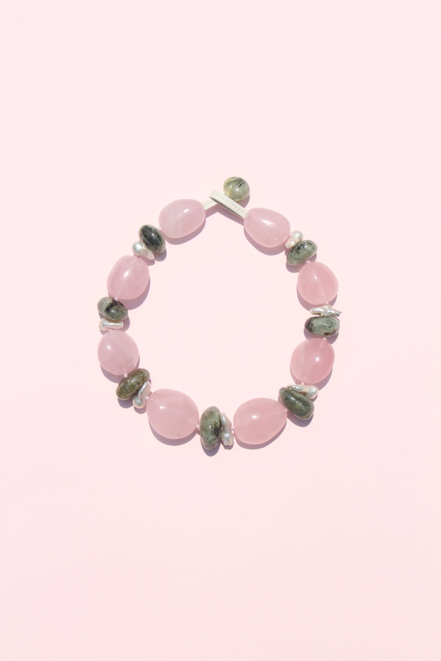 Necklace: rose quartz, pearls, prehnite