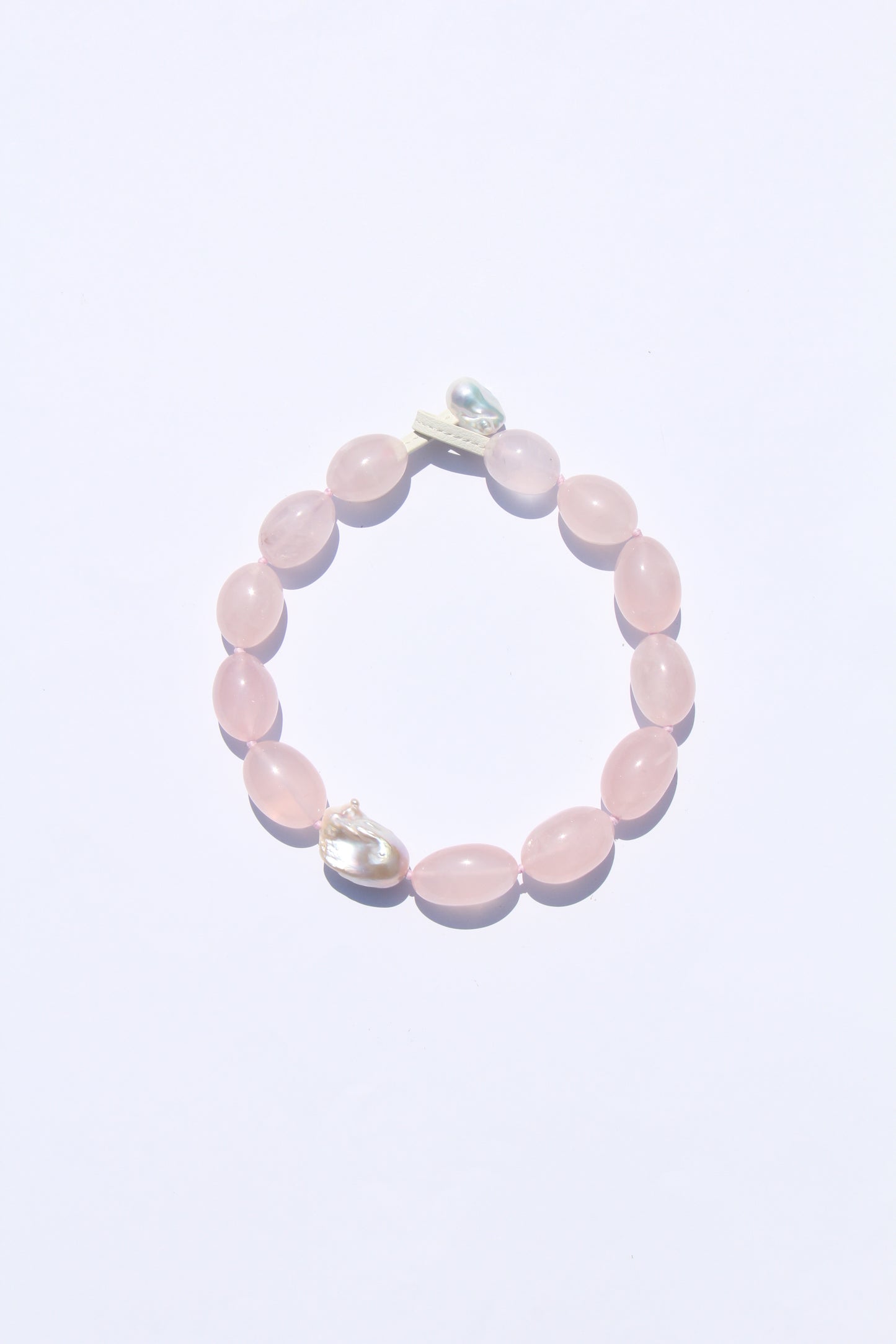 Necklace: rose quartz, pearls