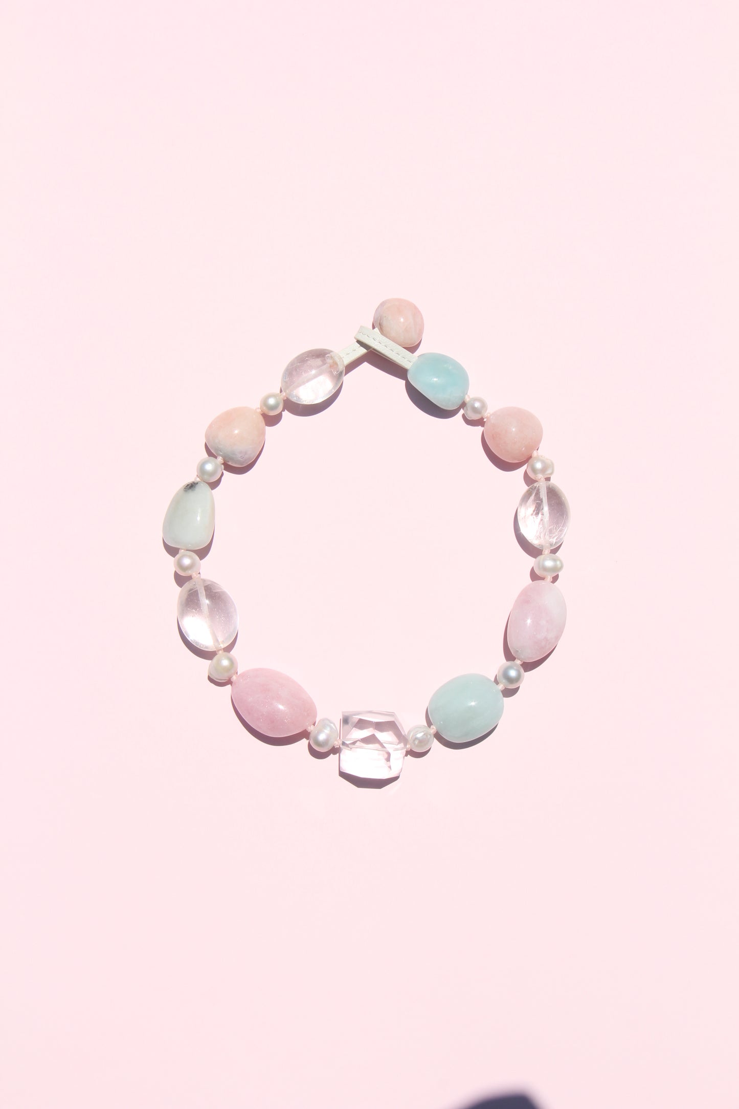 Necklace: morganite, aquamarine, quartz, pearls