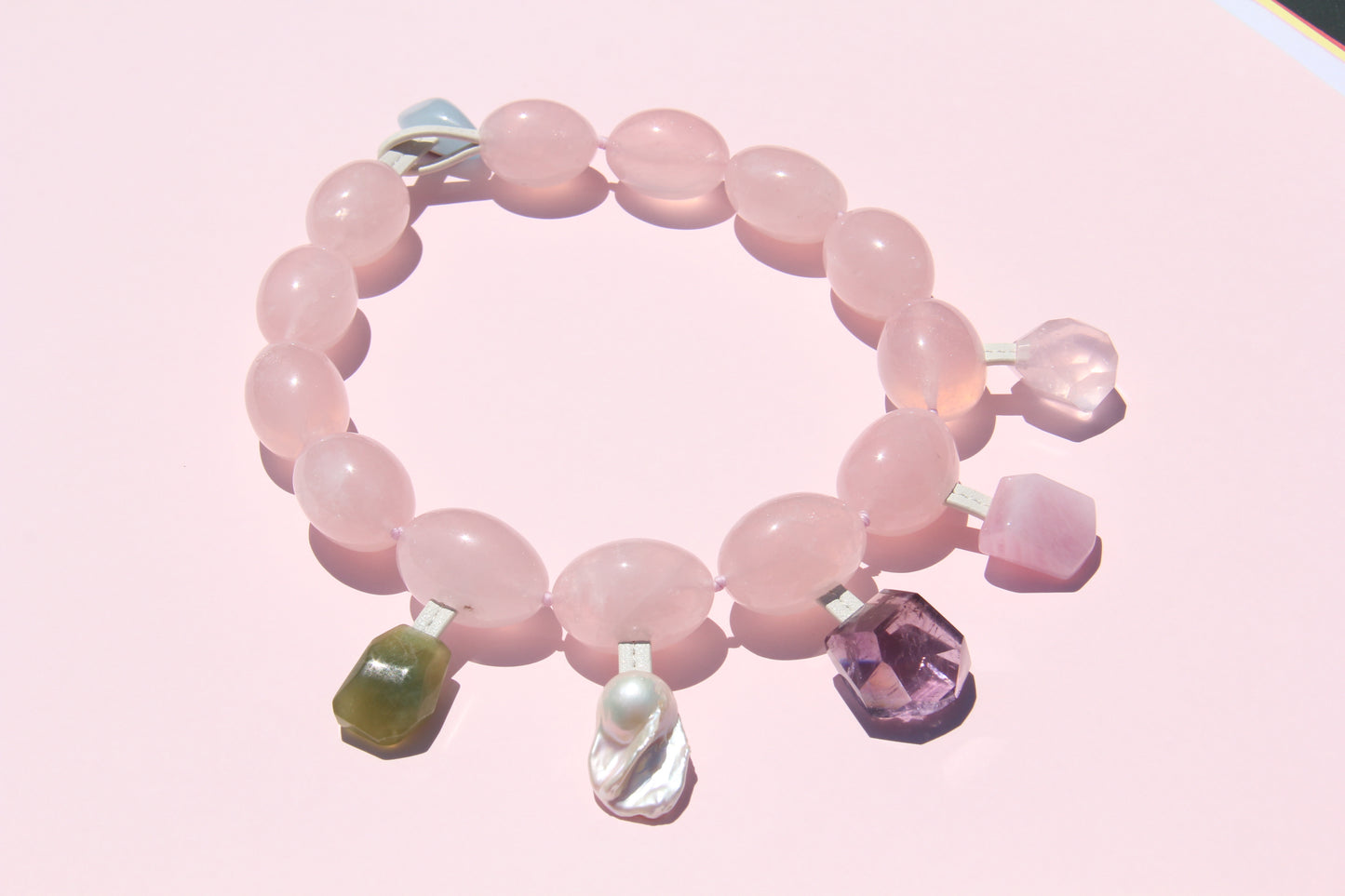 Charms: rose quartz, morganite, pearl, amethyst