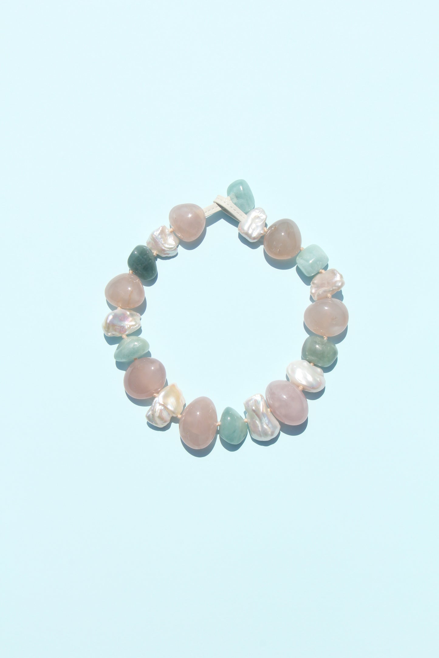 Necklace: morganite, rose agate, pearls