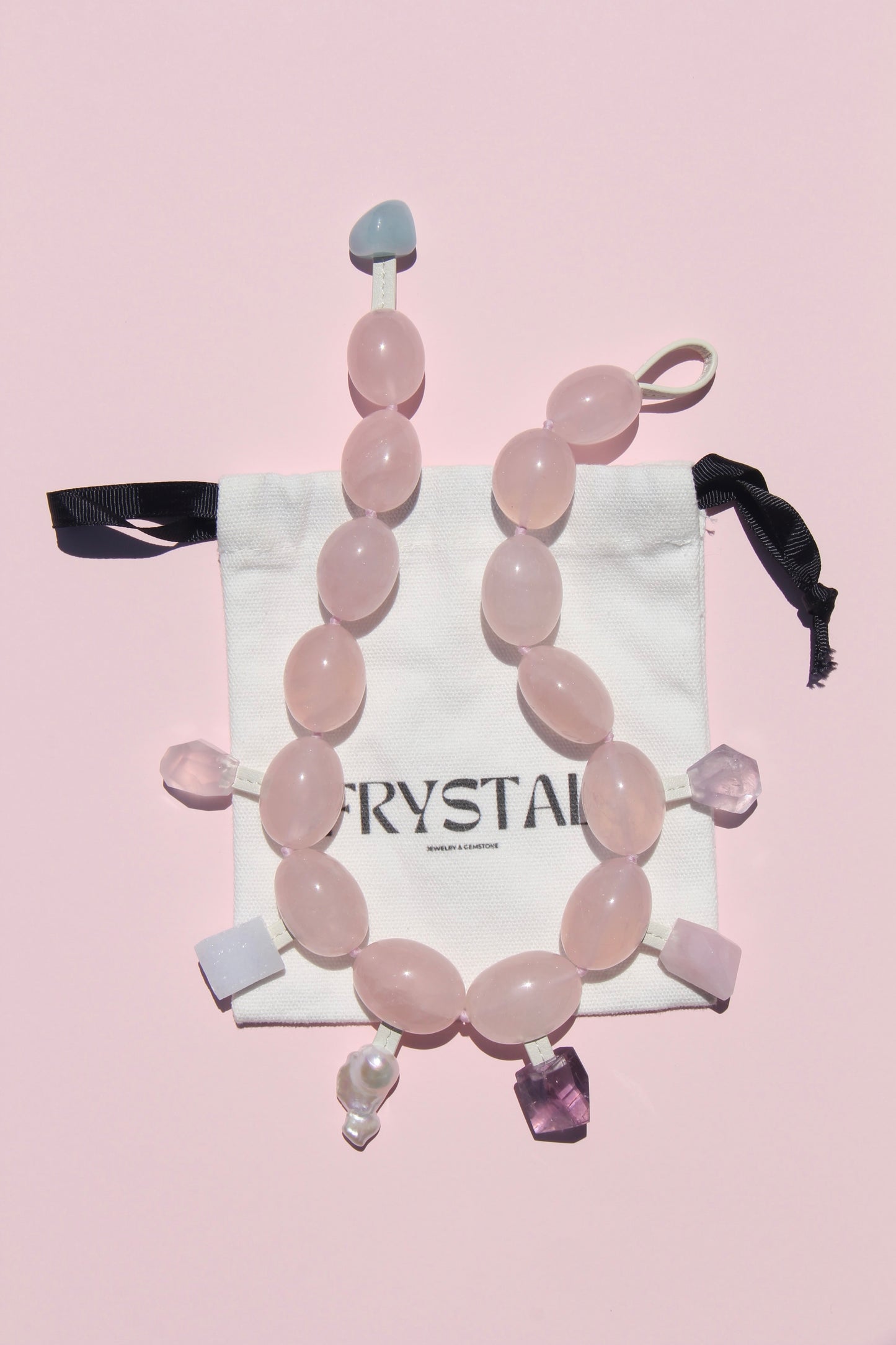 Charms: rose quartz, blue lace agate, pearl, amethyst
