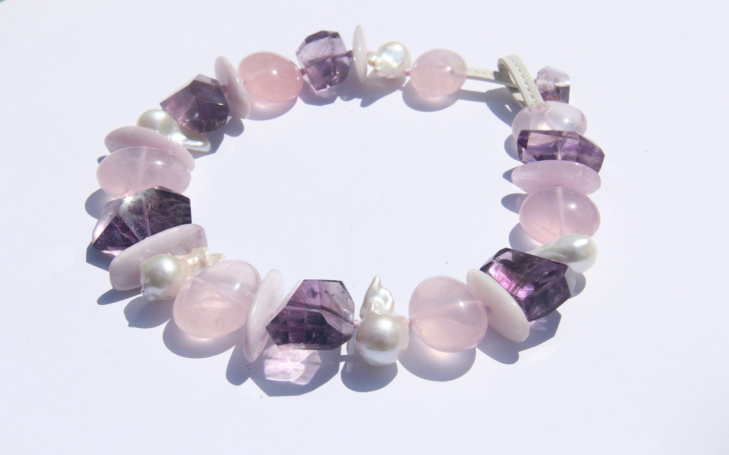 Necklace: amethyst, kunzite, rose quartz, pearls