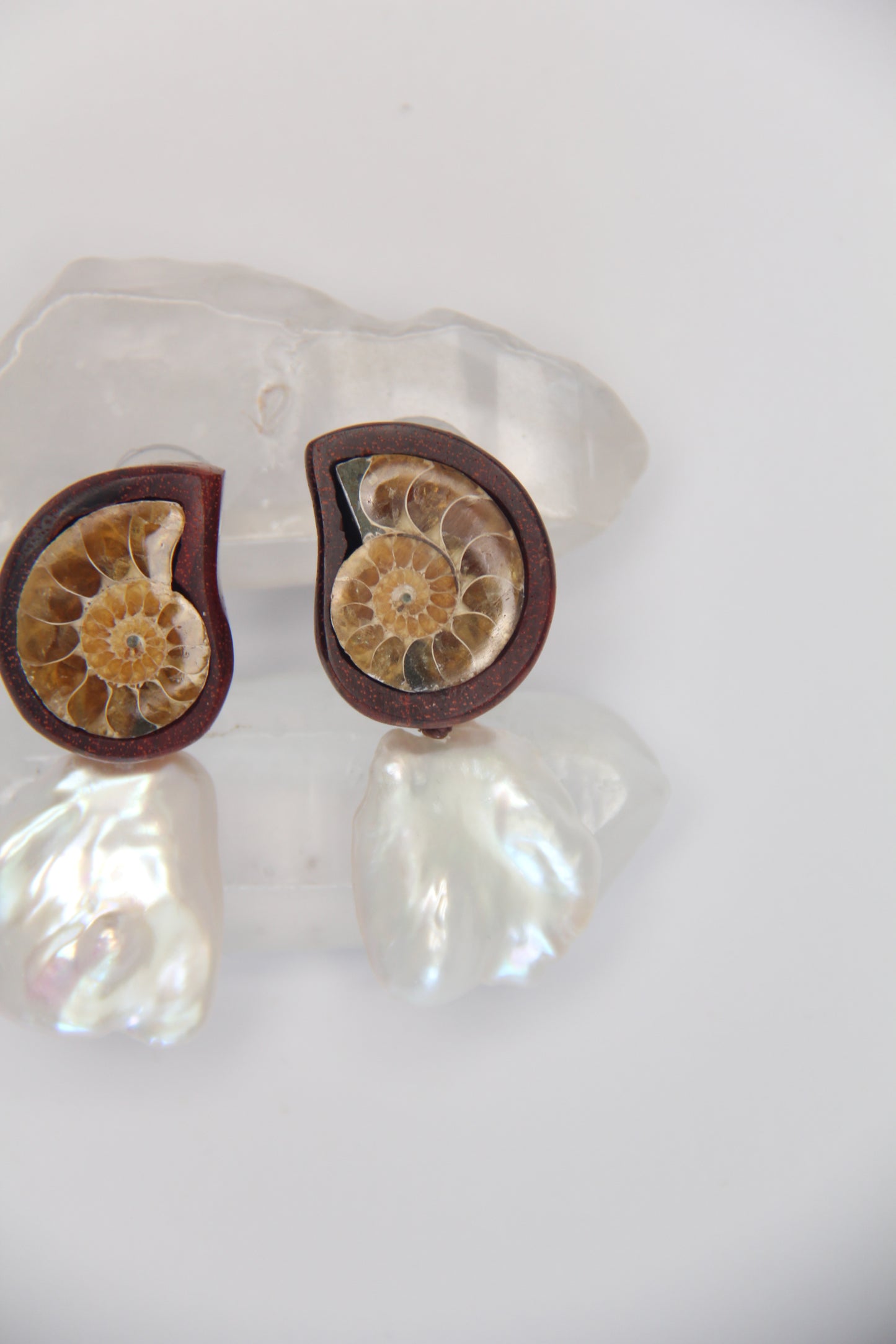 Earrings: ammonite, Zambia blood wood, pearls
