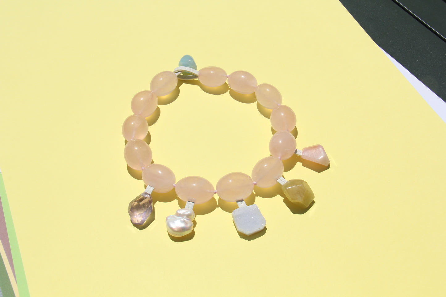 Charms: rose quartz, amethyst, morganite, pearl, blue lace agate