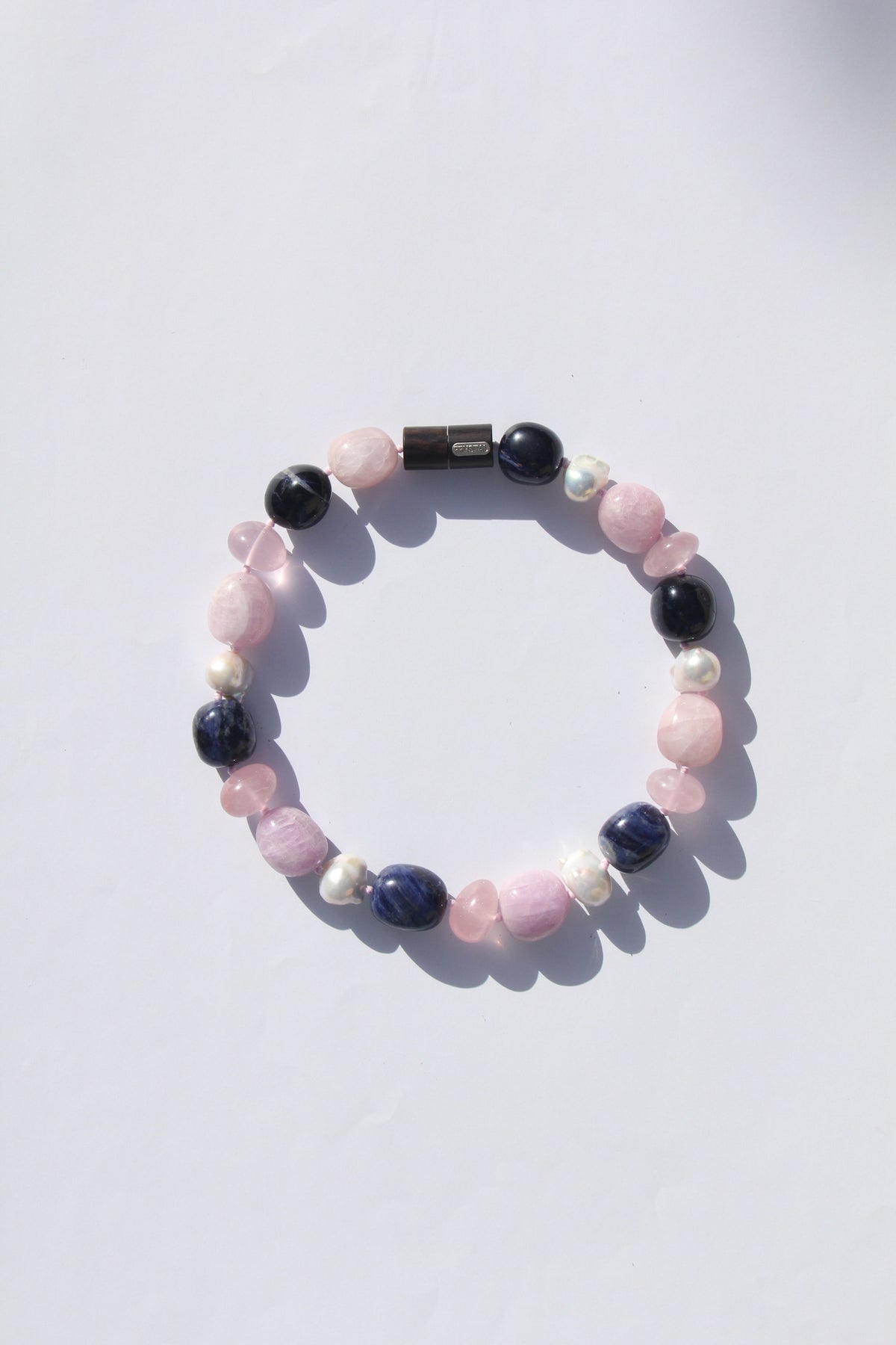 Necklace: kunzite, blue vein stone, rose quartz, pearls
