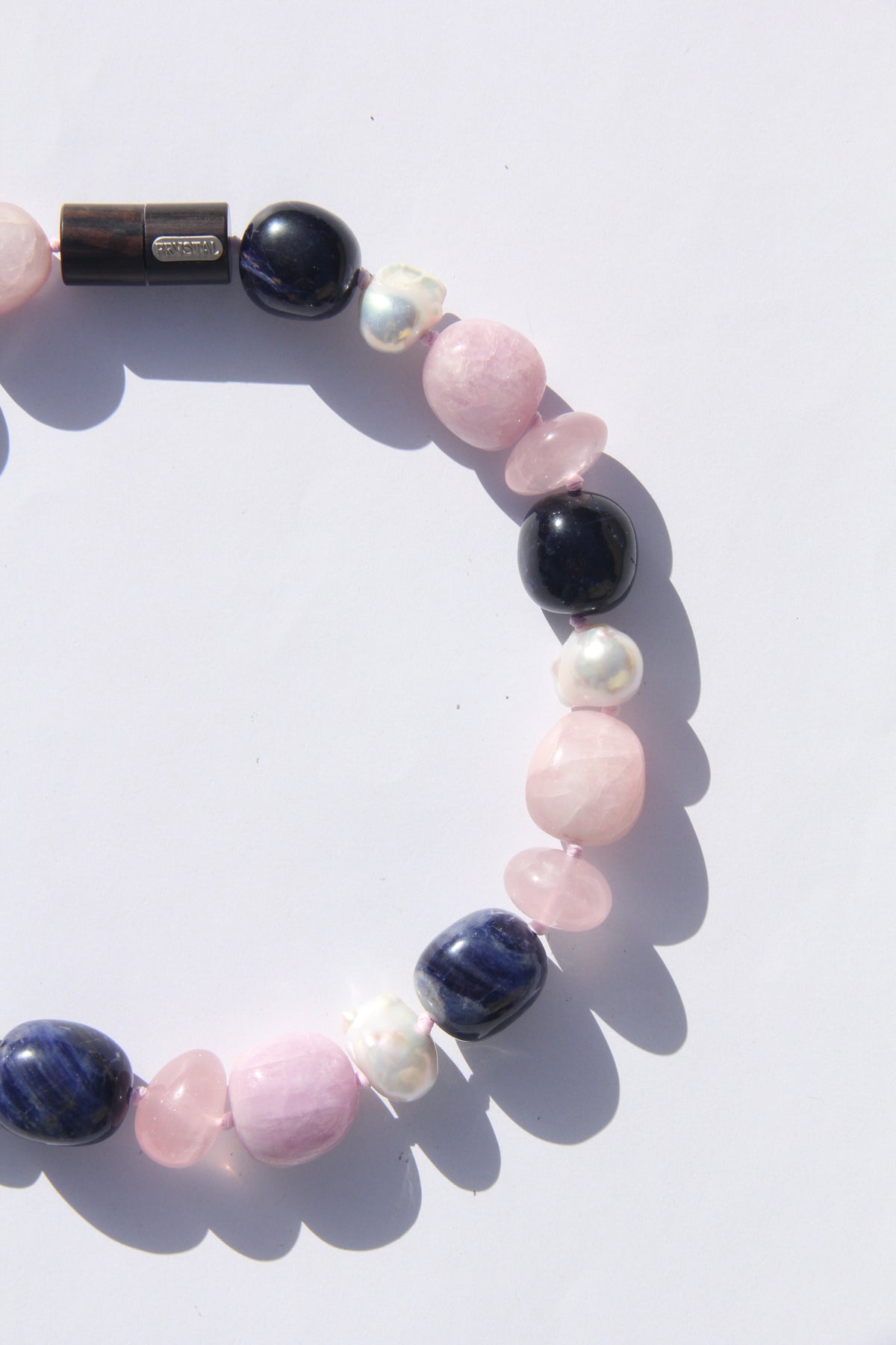 Necklace: kunzite, blue vein stone, rose quartz, pearls