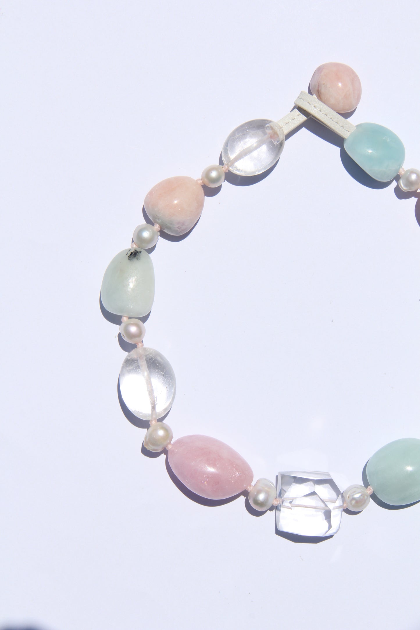 Necklace: morganite, aquamarine, quartz, pearls