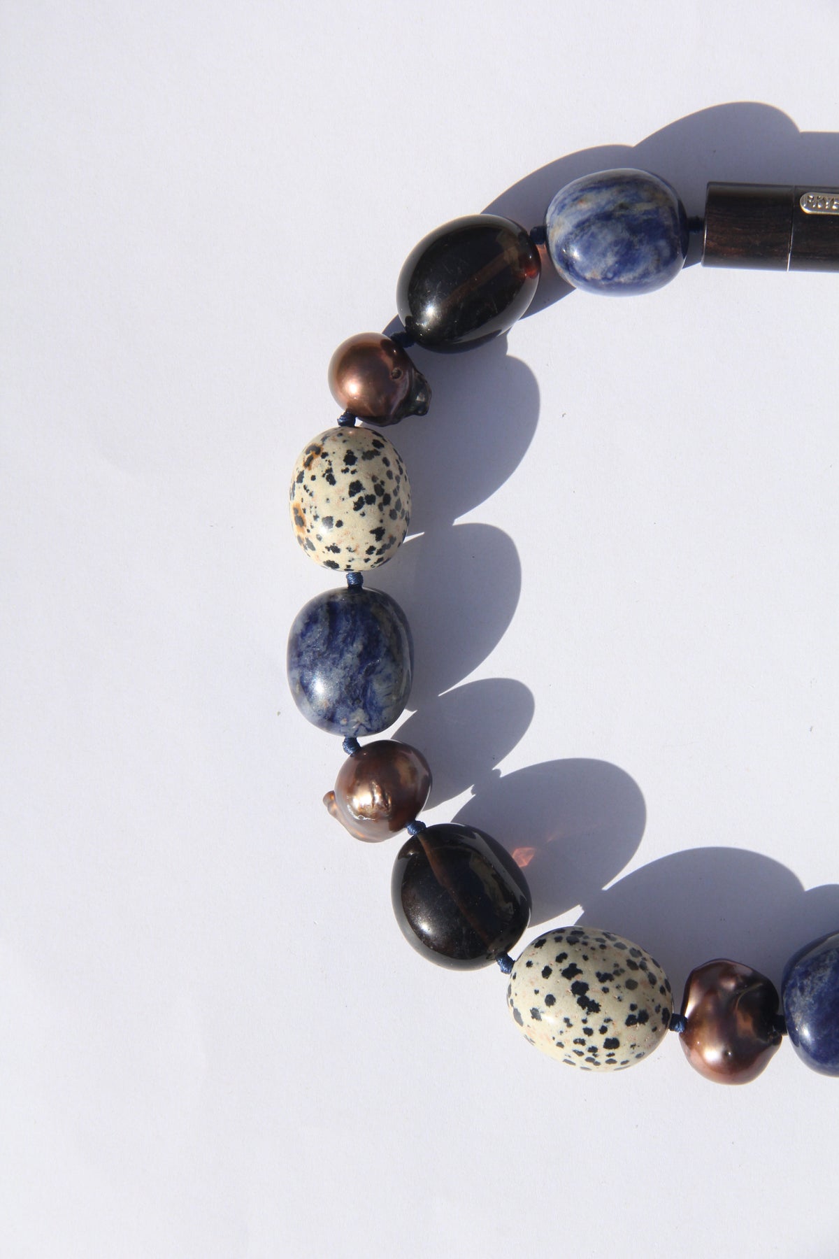 Necklace: dalmatian jasper stone, blue vein stone, pearls