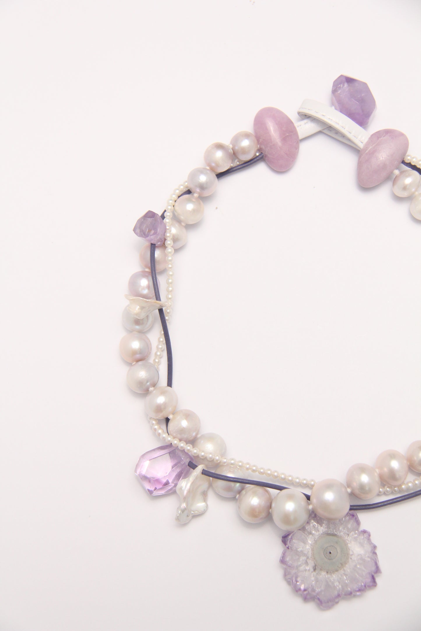 Necklace:  amethyst stalactite flower flat slice, amethyst, pearls