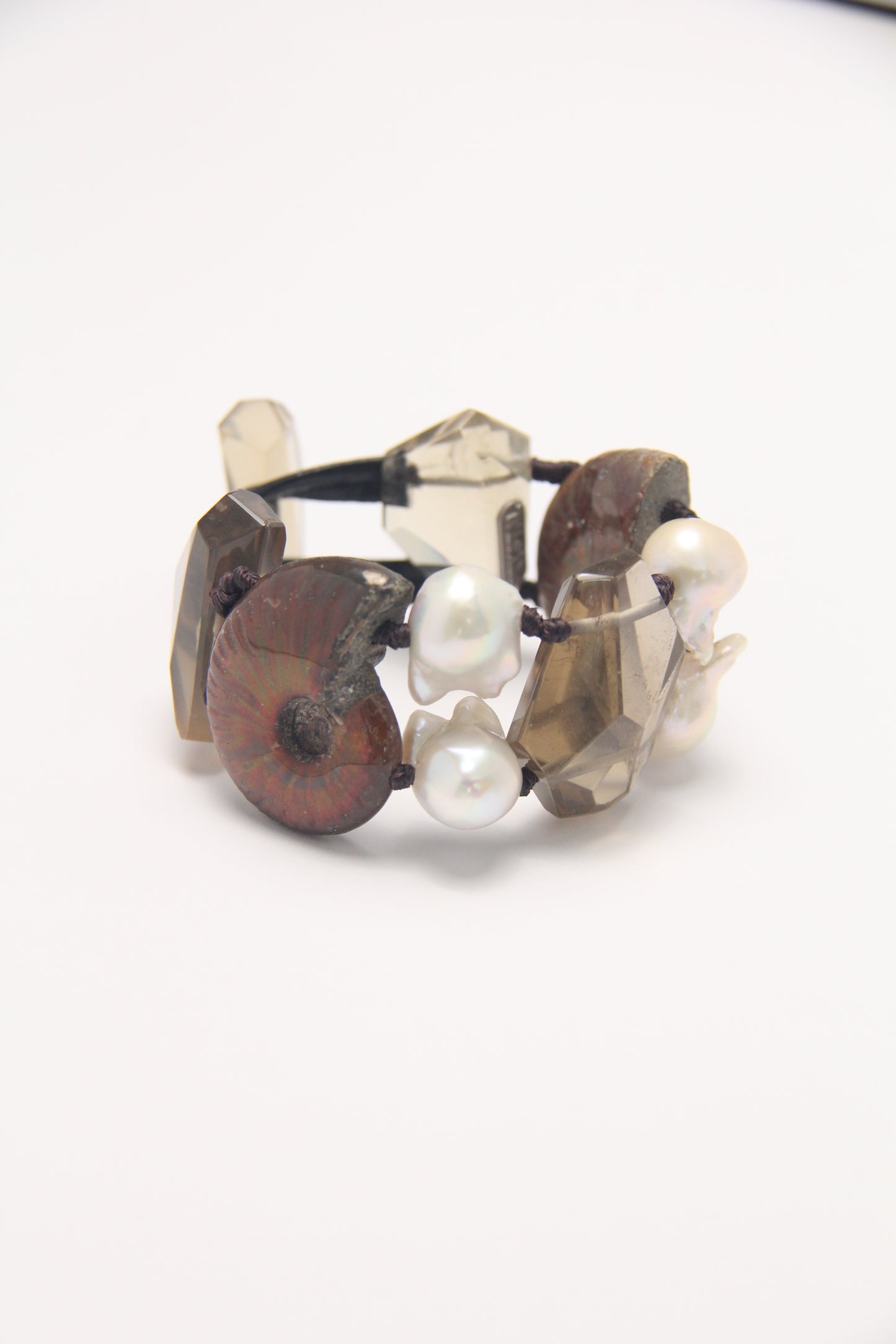 Bracelet: ammonite fossils, smoky quartz, pearls