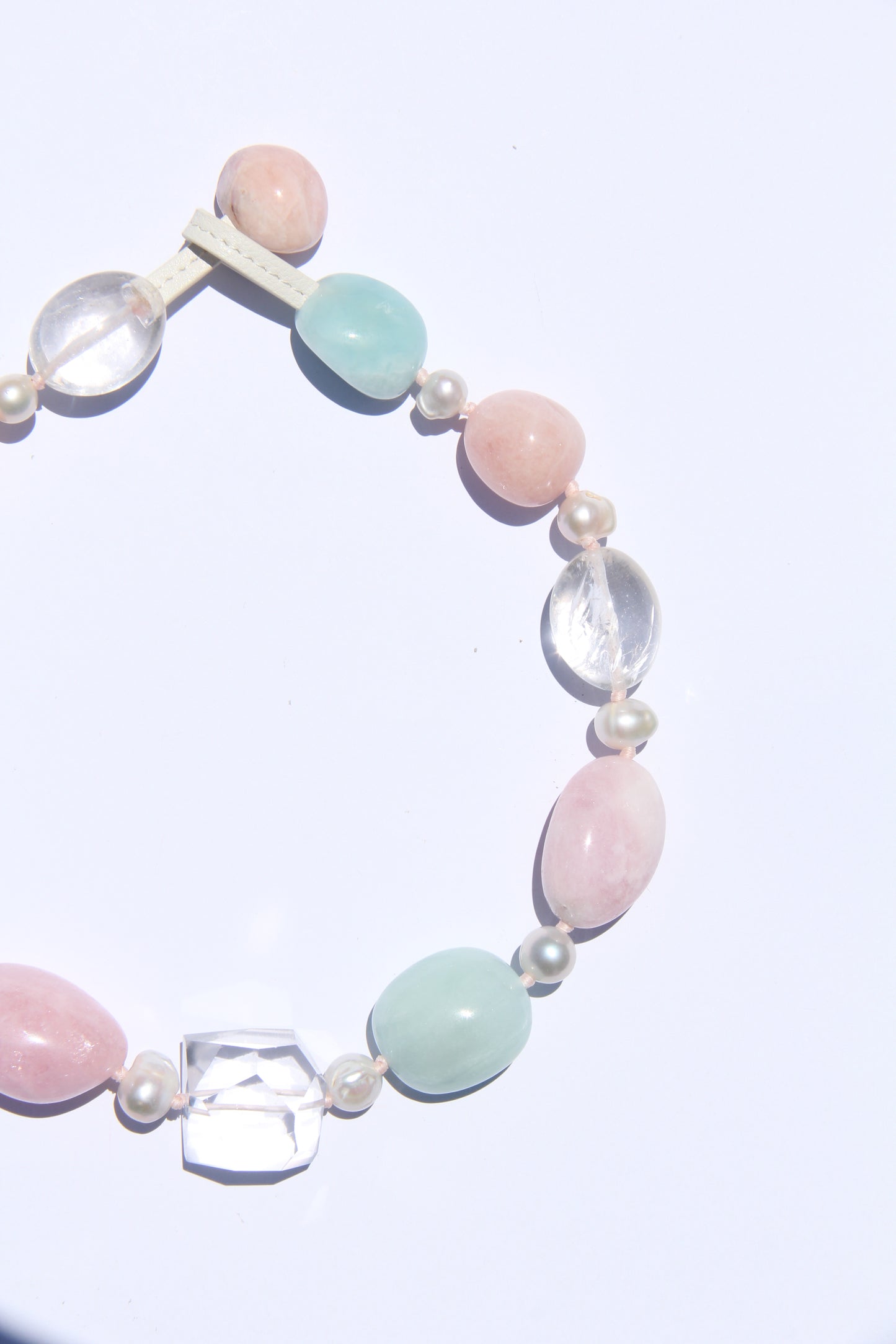 Necklace: morganite, aquamarine, quartz, pearls