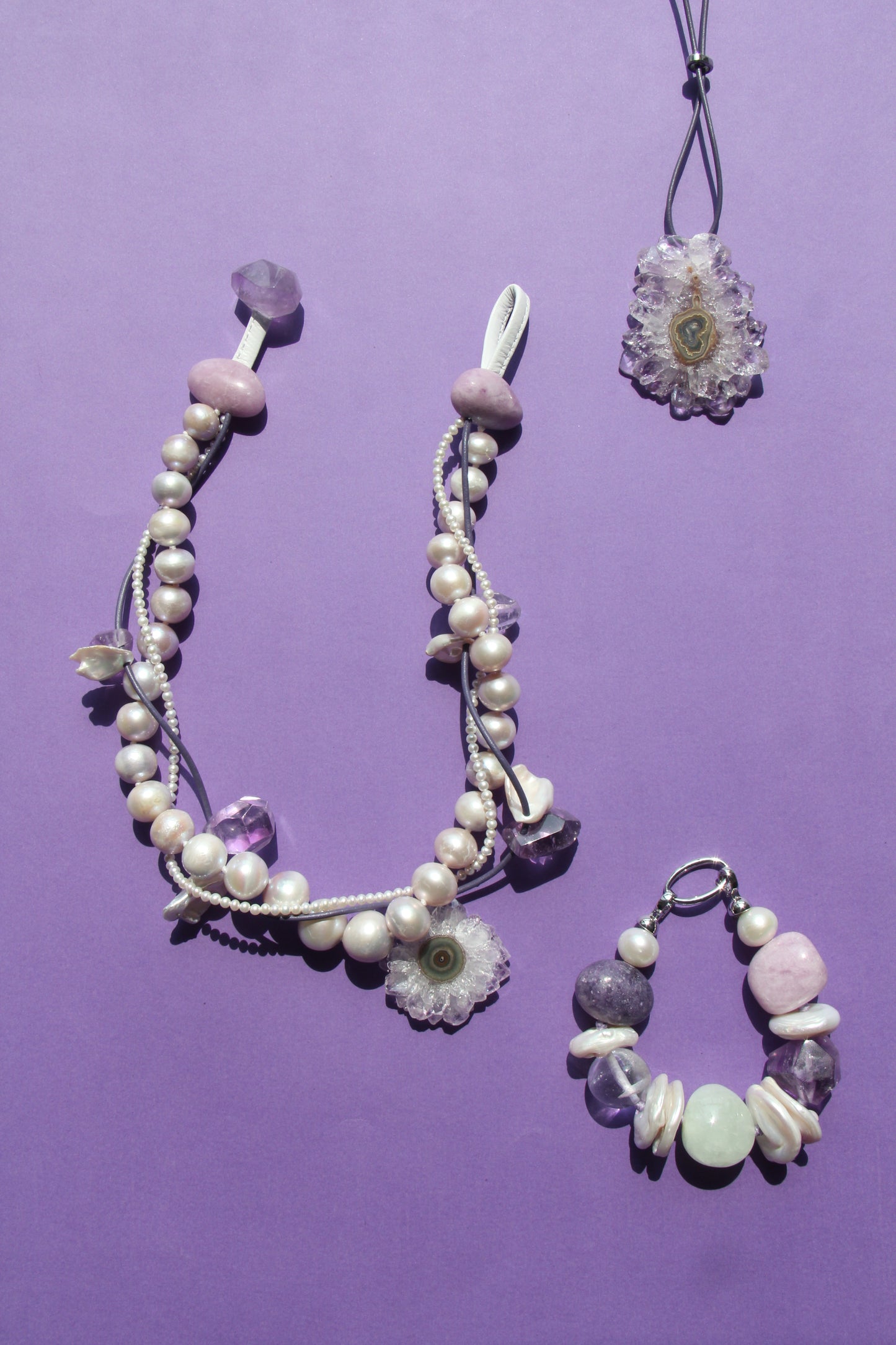 Necklace:  amethyst stalactite flower flat slice, amethyst, pearls