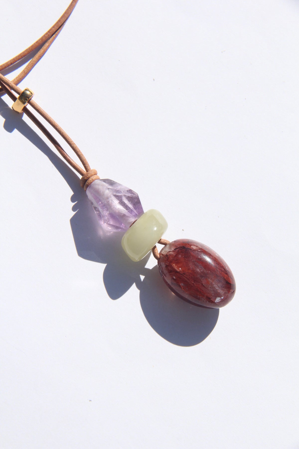 Necklace: amethyst, morganite, hematoid quartz