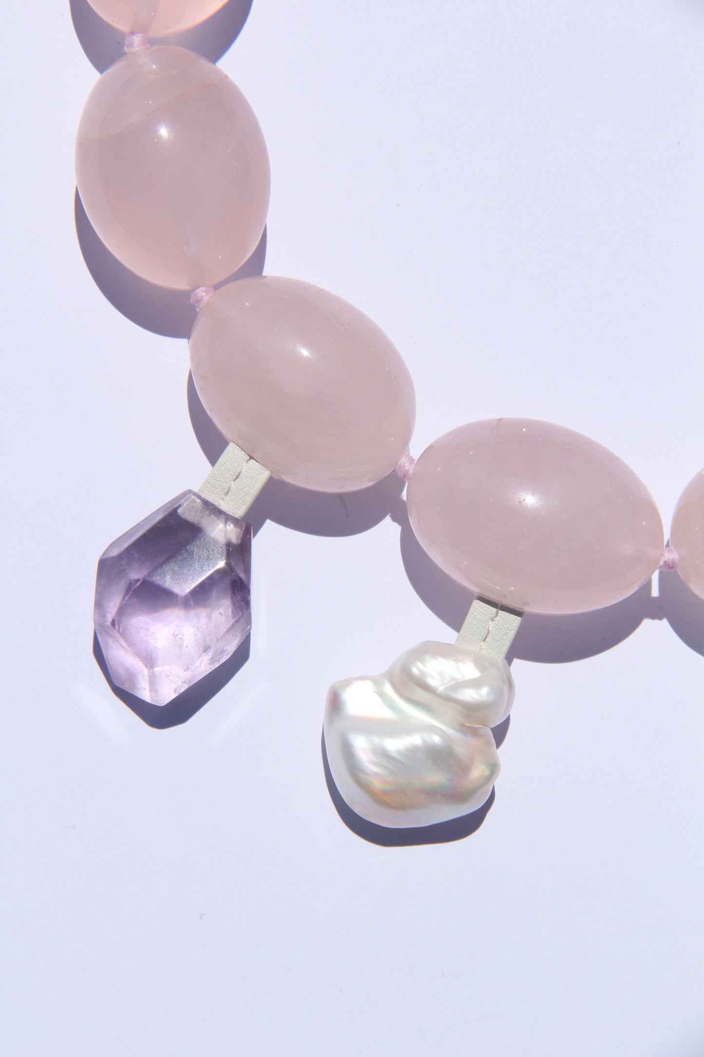 Charms: rose quartz, amethyst, morganite, pearl, blue lace agate