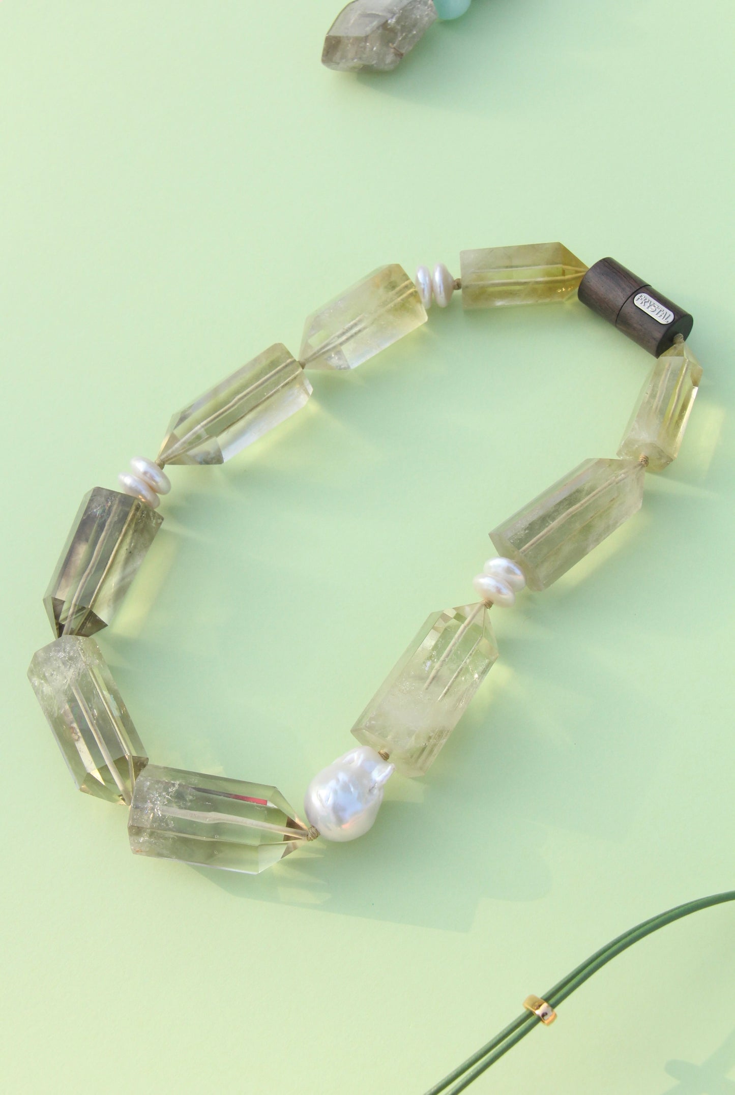 Necklace: pearls, citrine, ebony