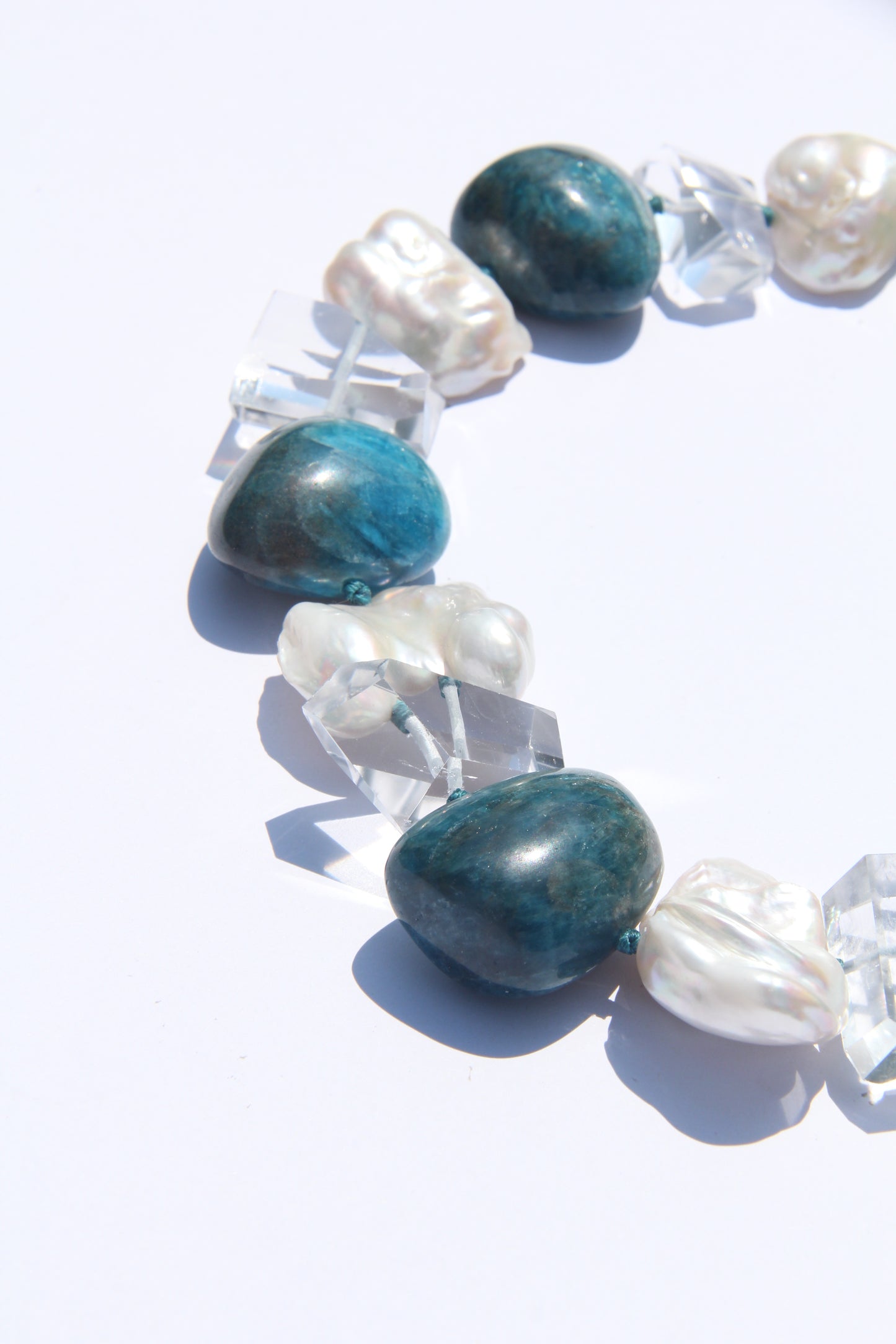Necklace: blue apatite, quartz, pearls