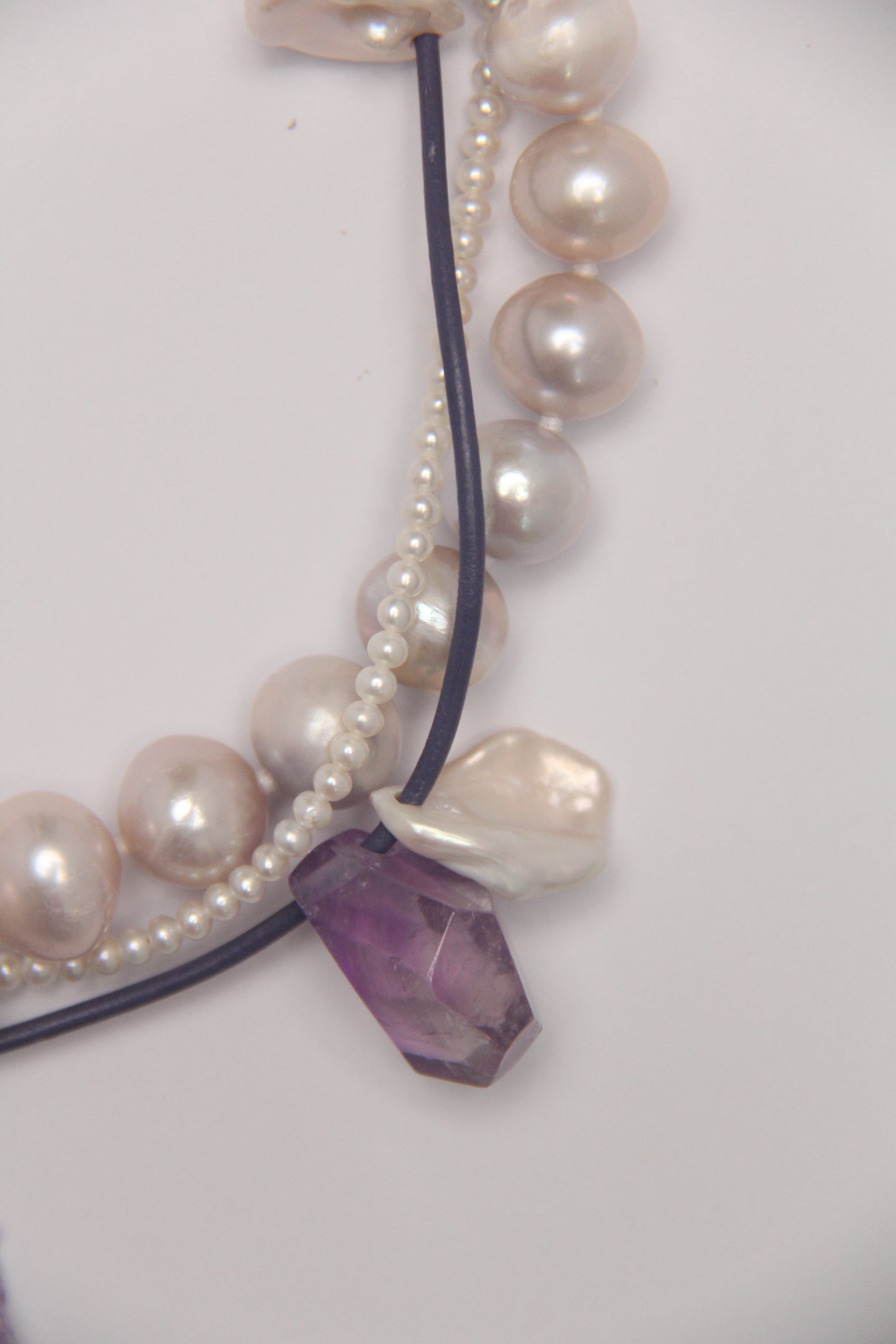 Necklace:  amethyst stalactite flower flat slice, amethyst, pearls
