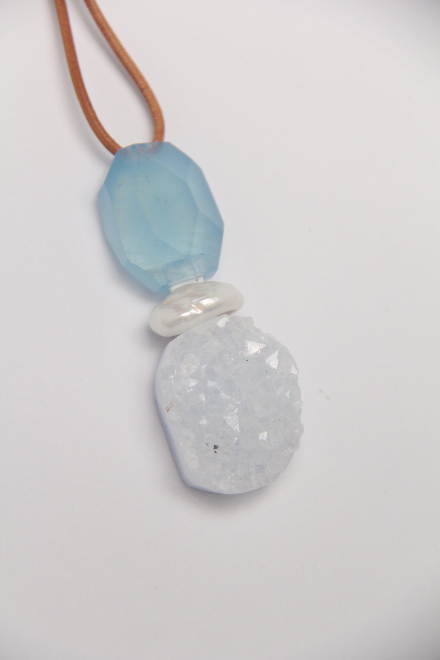 Pendant: aquamarine, pearl, blue lace agate