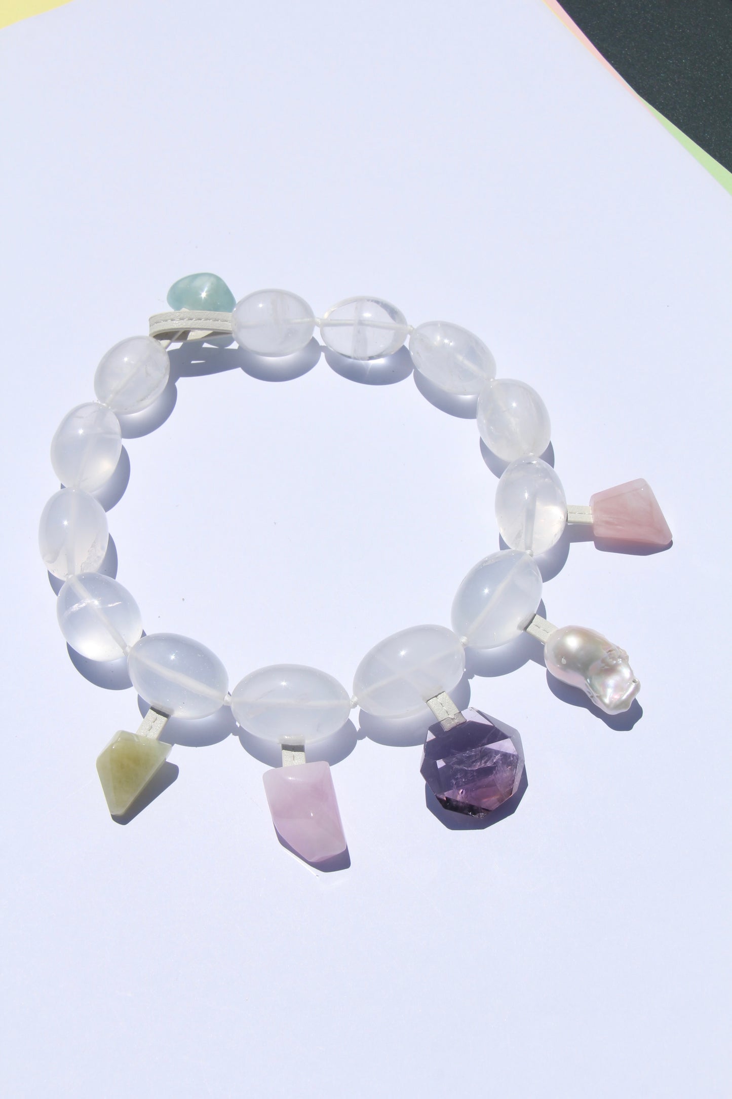 Charms: quartz, morganite, amethyst, pearl