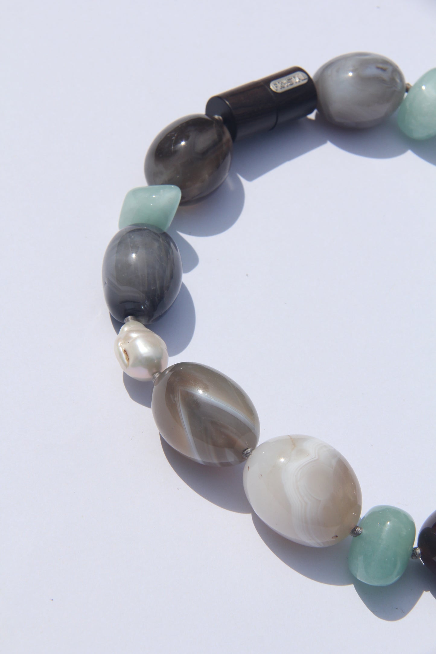 Necklace: persian agate, morganite, pearls
