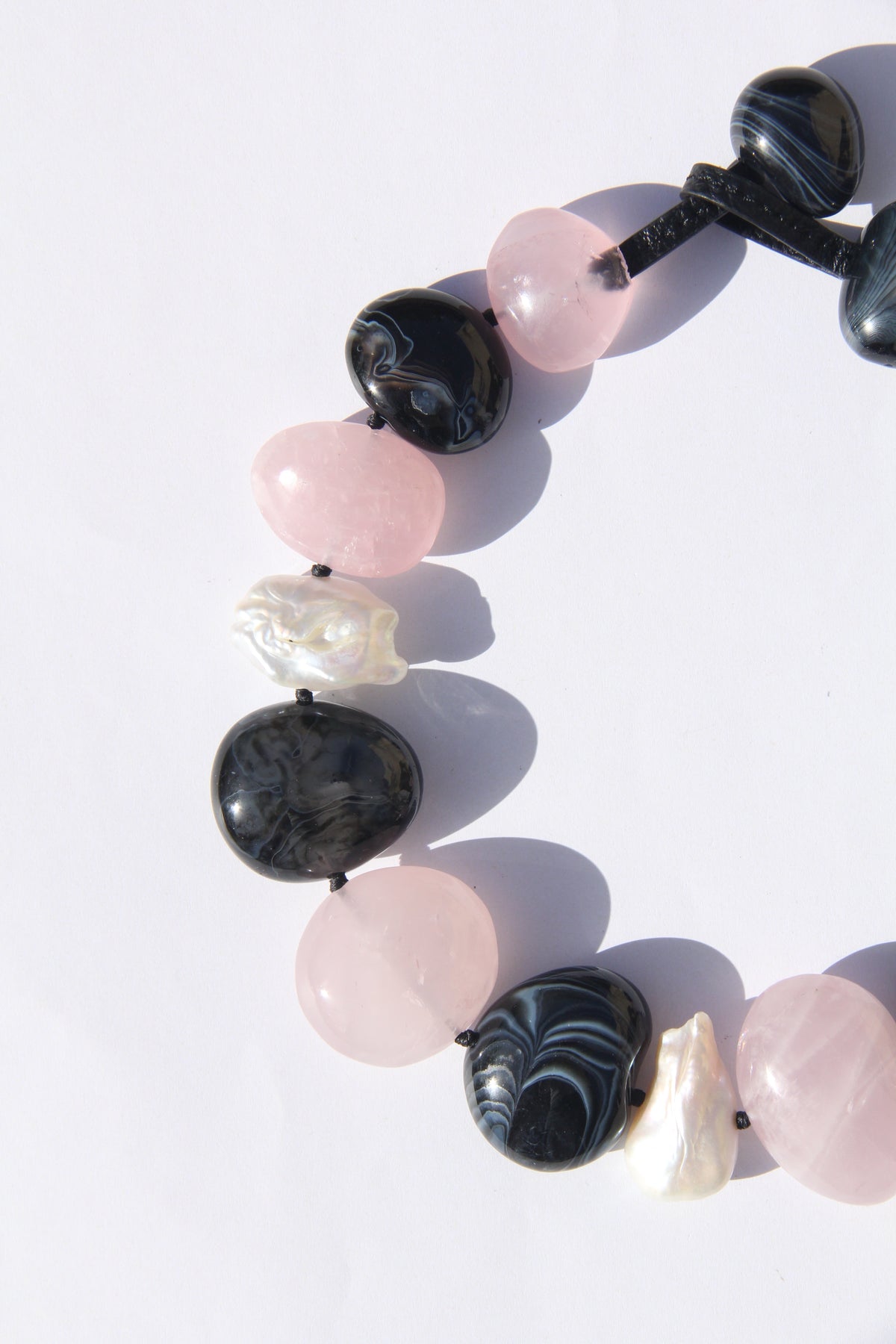 Necklace: sardonyx, pearls, rose quartz
