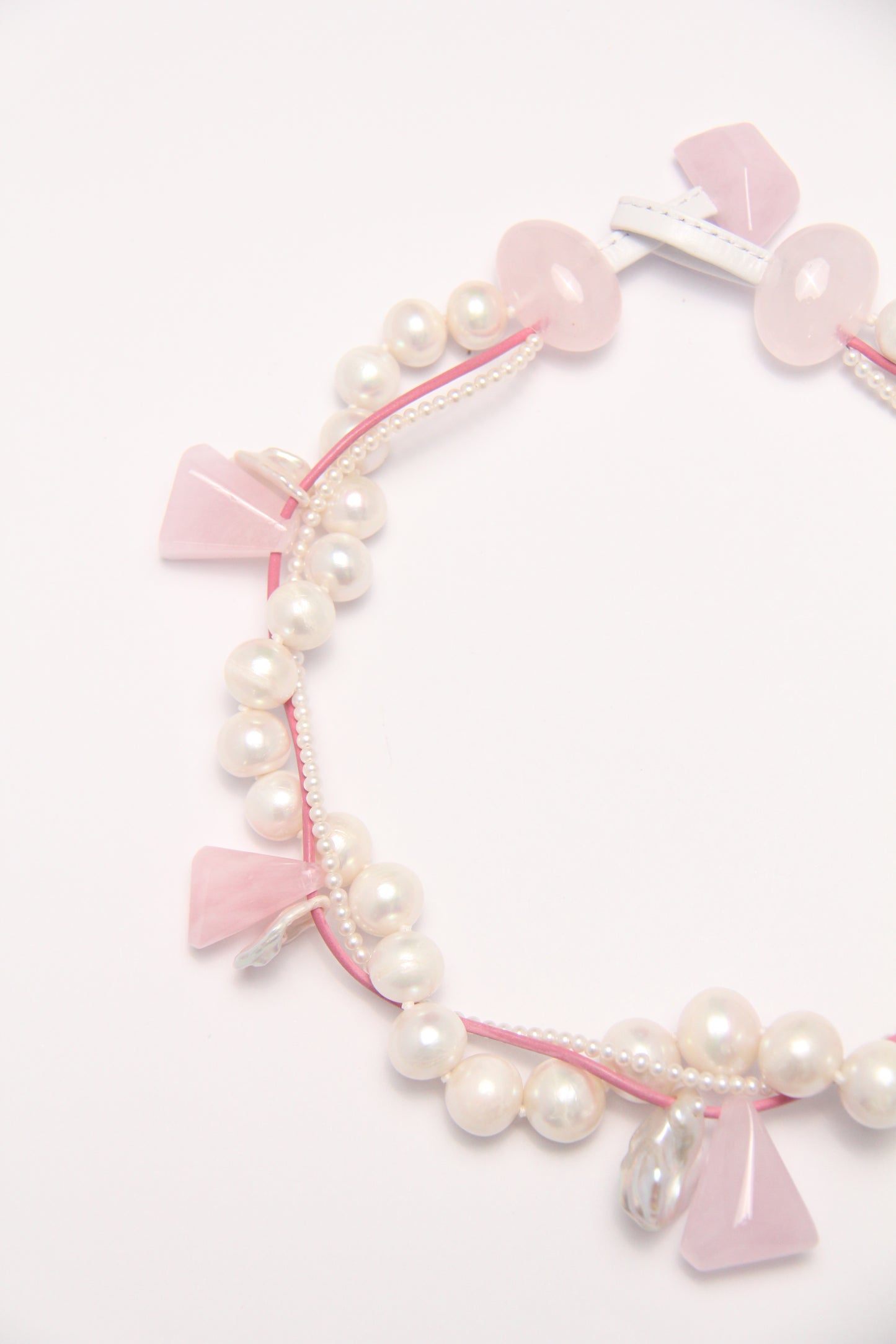 Necklace: morganite, rose quartz, pearls