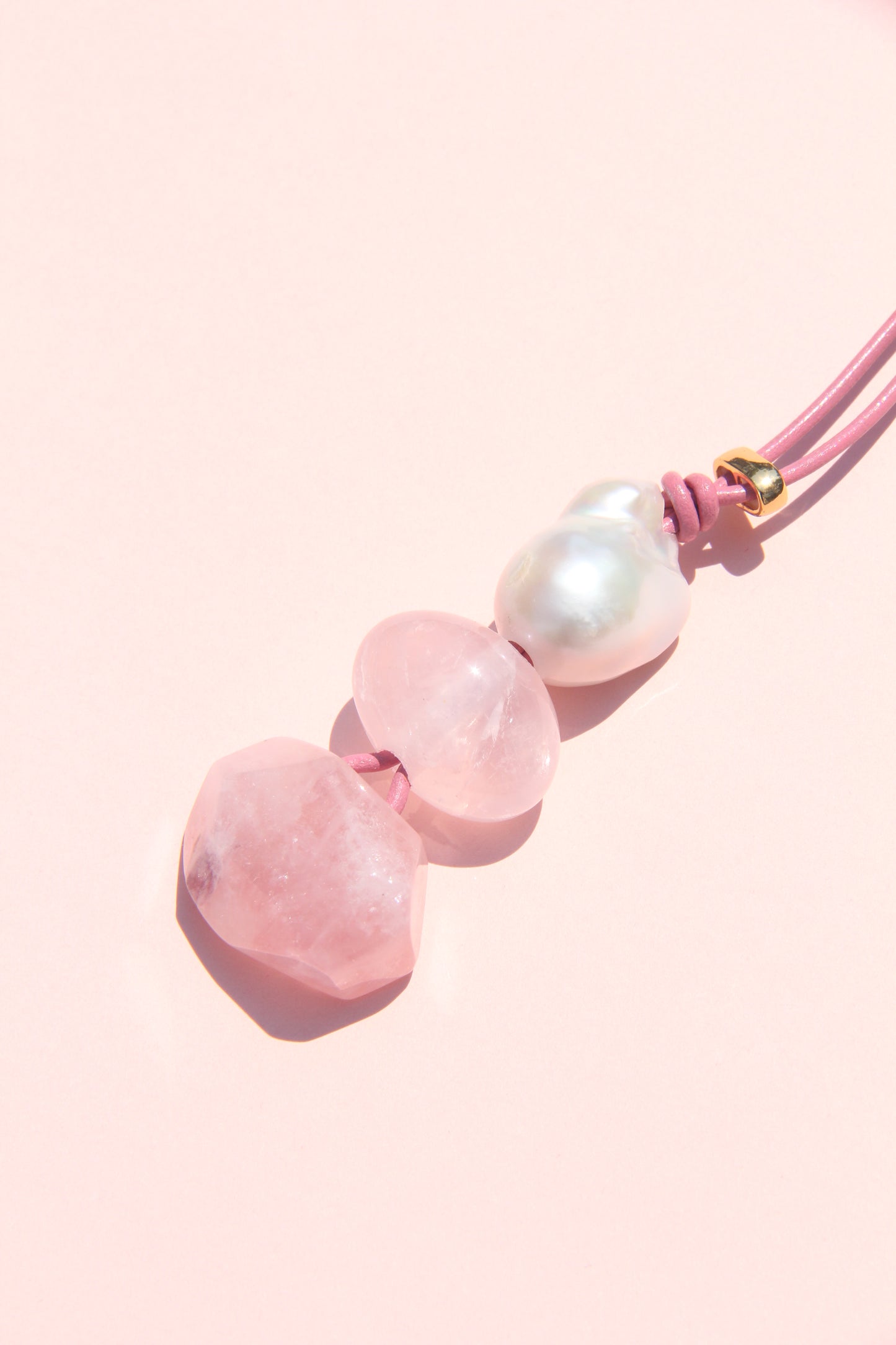 Necklace: rose quartz, pearls
