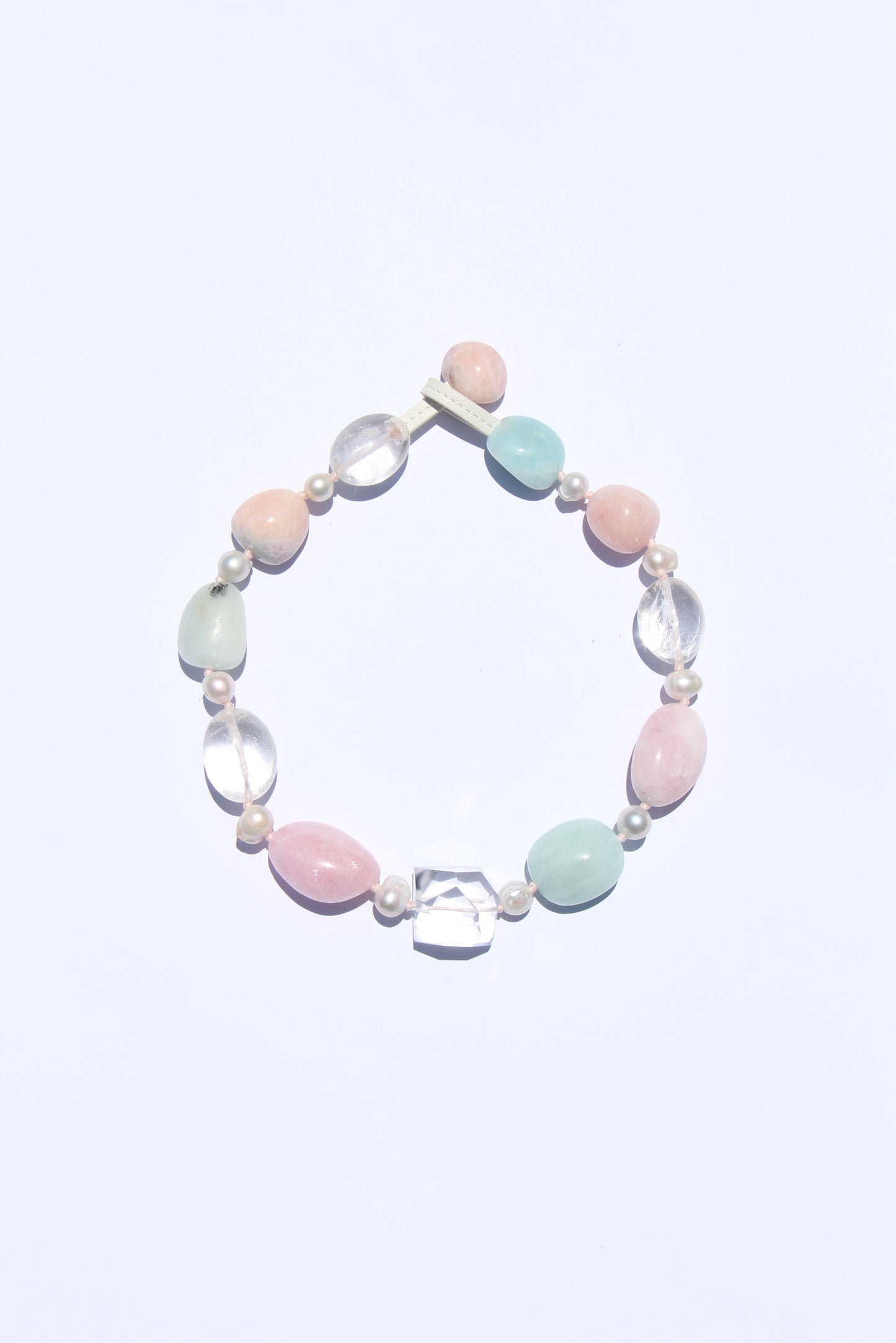 Necklace: morganite, aquamarine, quartz, pearls