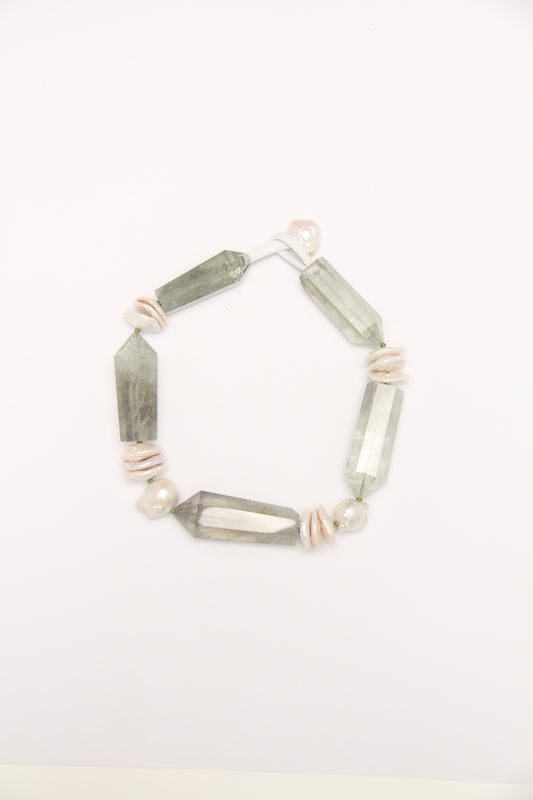 Necklace: prasem quartz, pearls